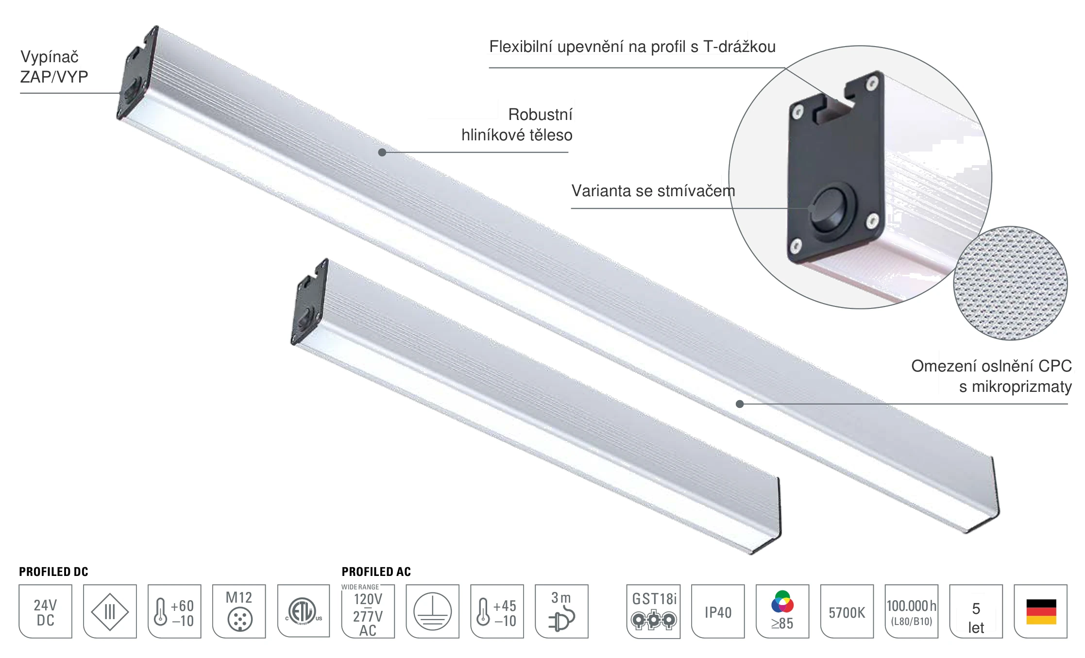 PROFILED DC a AC: konstrukce LED systémového svítidla s robustním hliníkovým tělesem, omezením oslnění CPC s mikroprizmaty a flexibilním upevněním na profil s T-drážkou