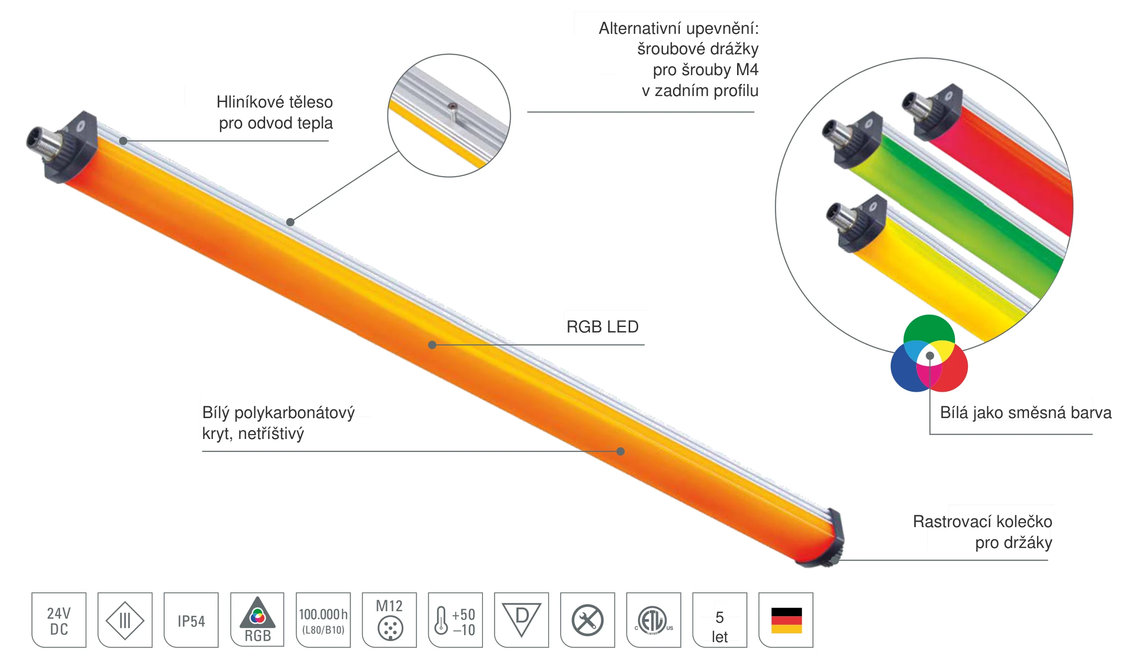 SIGNALED II RGB: konstrukce LED signálního světla s RGB LED, bílým netříštivým polykarbonátovým krytem, hliníkovým tělesem pro odvod tepla a rastrovacím kolečkem pro držáky