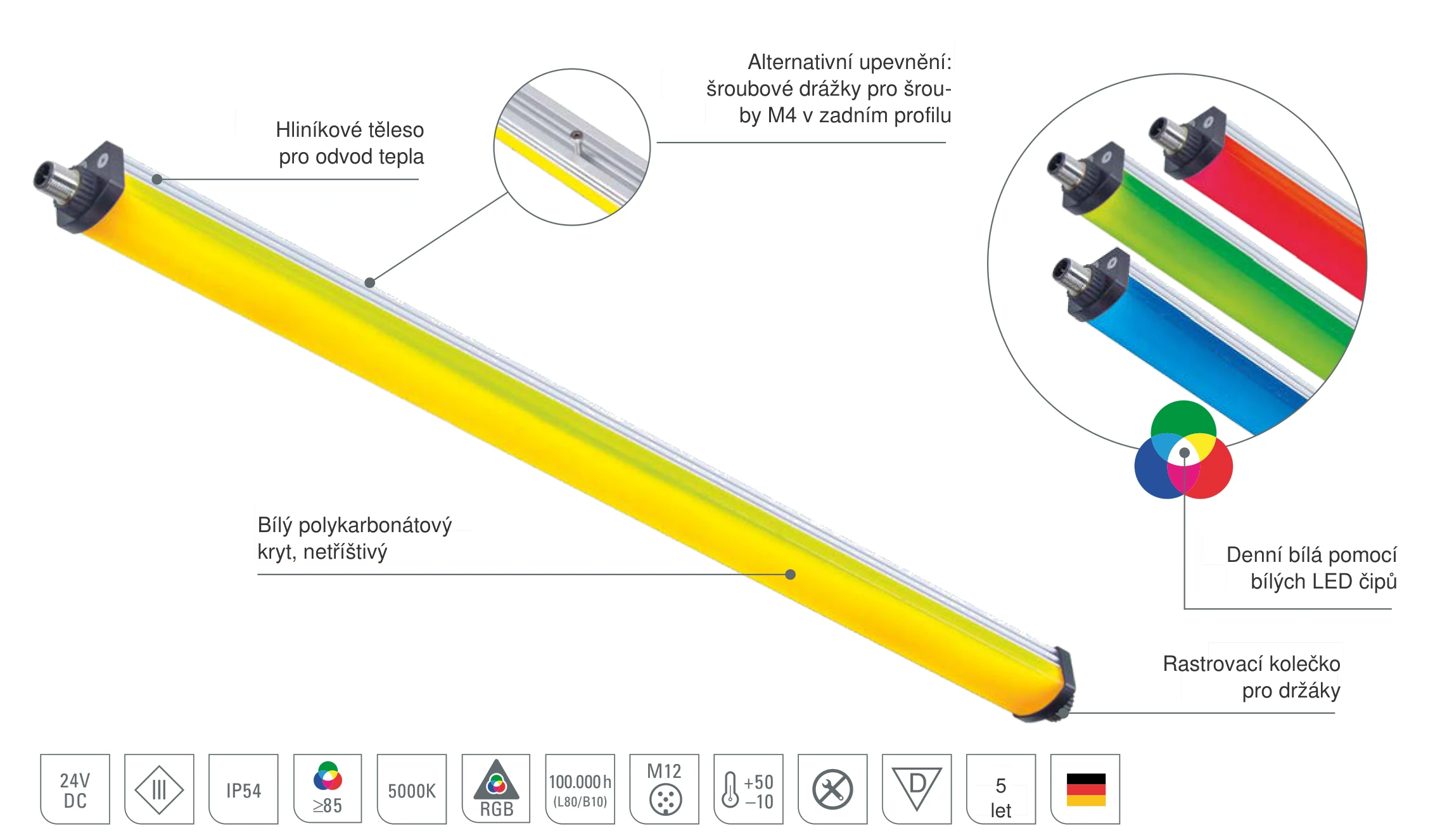 SIGNALED II RGB-W: konstrukce LED signálního světla s RGB LED a bílými LED čipy pro denní bílou, netříštivým polykarbonátovým krytem a hliníkovým tělesem pro odvod tepla
