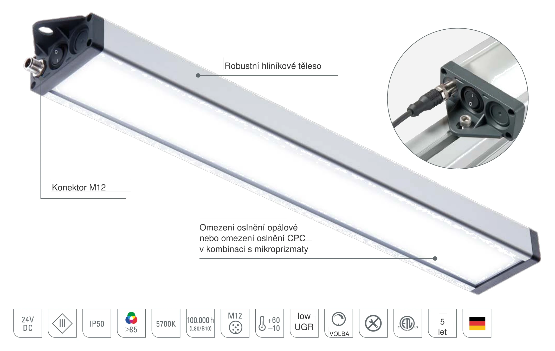UNILED SL DC: konstrukce LED systémového svítidla s robustním hliníkovým tělesem, konektorem M12 a opálovým nebo mikroprizmatickým omezením oslnění