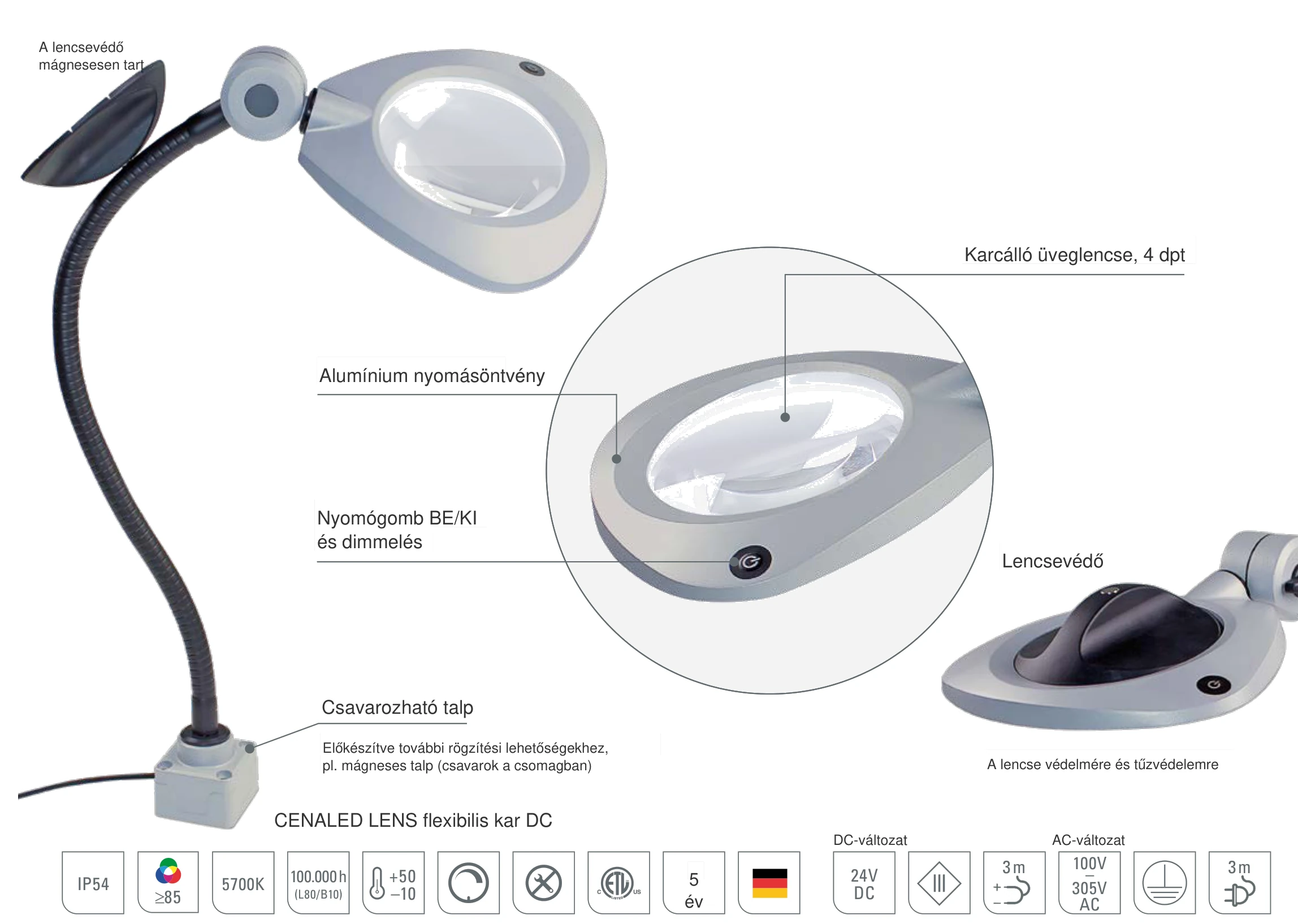 CENALED LENS flexibilis kar: felépítés karcálló üveglencsével, mágneses lencsevédővel és csavarozható talppal