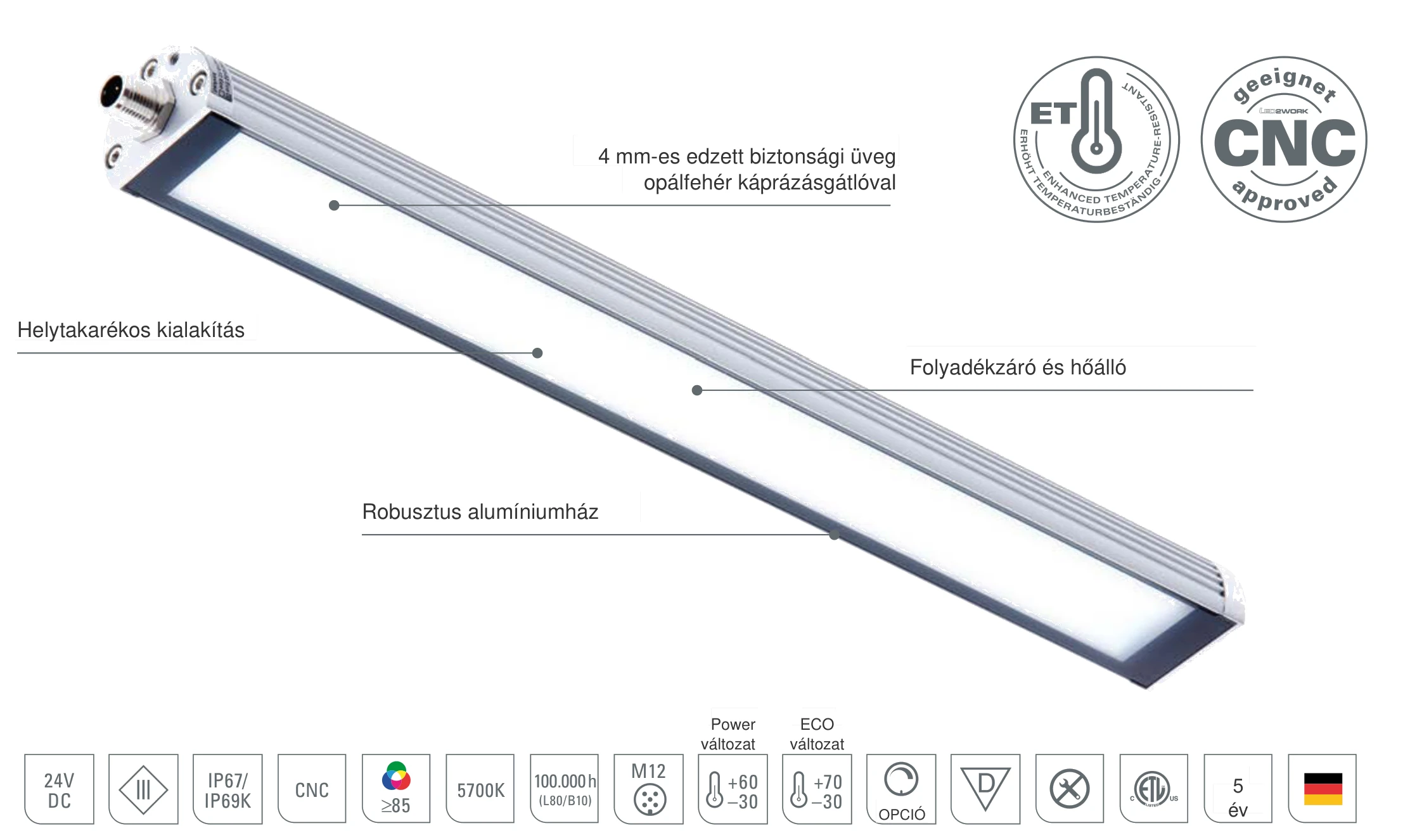 TUBELED_40 II: a LED-es géplámpa felépítése robusztus alumíniumházzal, 4 mm-es, opálfehér káprázásgátlós edzett biztonsági üveggel, folyadékzáró és hőálló