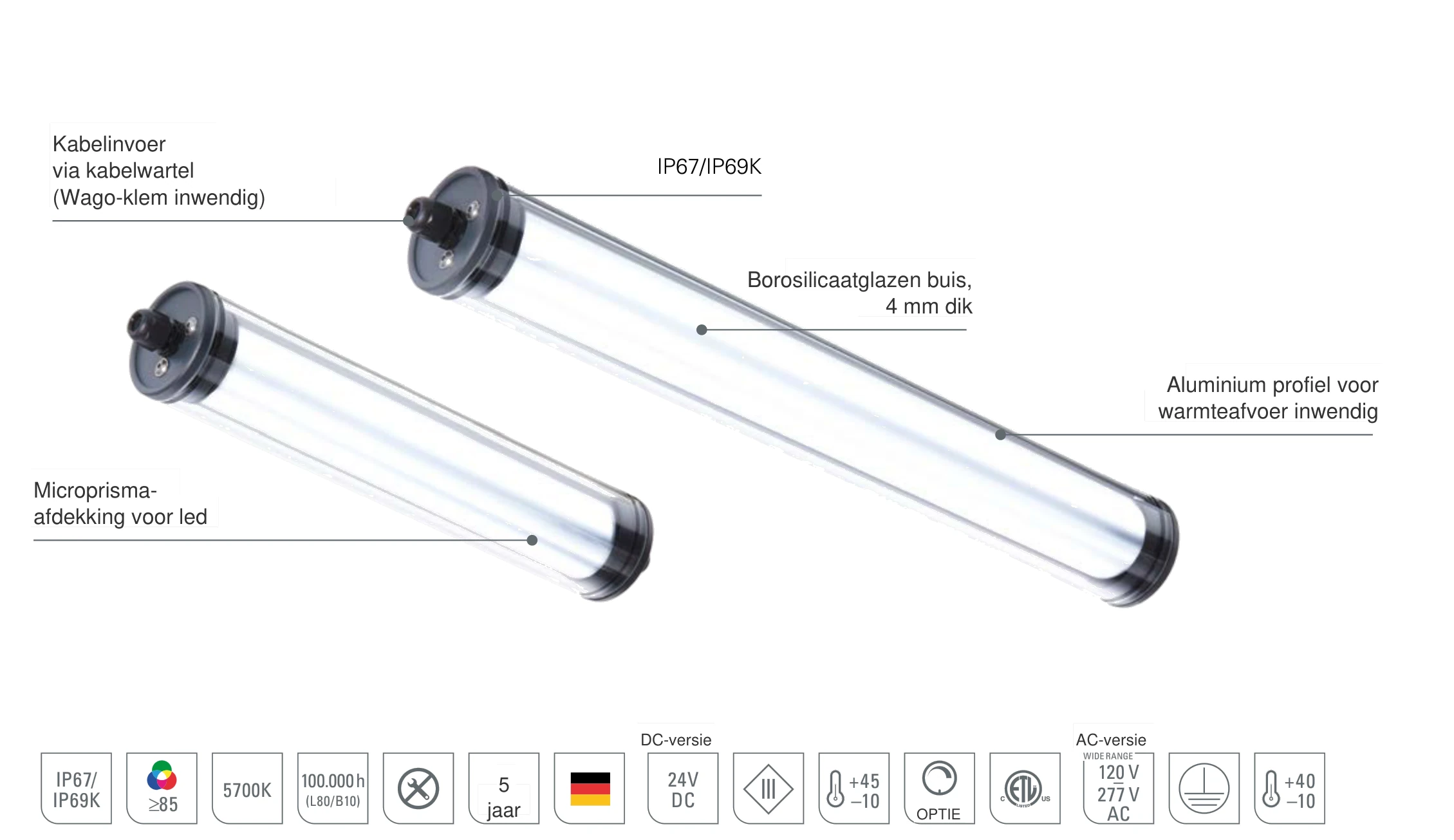 INROLED_70 borosilicaatglas: opbouw van de LED-industriearmatuur met 4 mm dikke borosilicaatglazen buis, inwendige microprisma-afdekking, aluminium profiel voor warmteafvoer en kabelwartel met WAGO-klem, IP67/IP69K