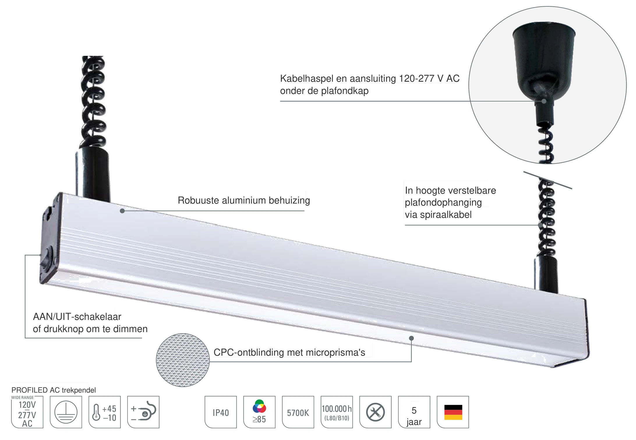 PROFILED AC trekpendel: opbouw met in hoogte verstelbare plafondophanging via spiraalkabel, kabelhaspel onder de plafondkap en CPC-ontblinding met microprisma's