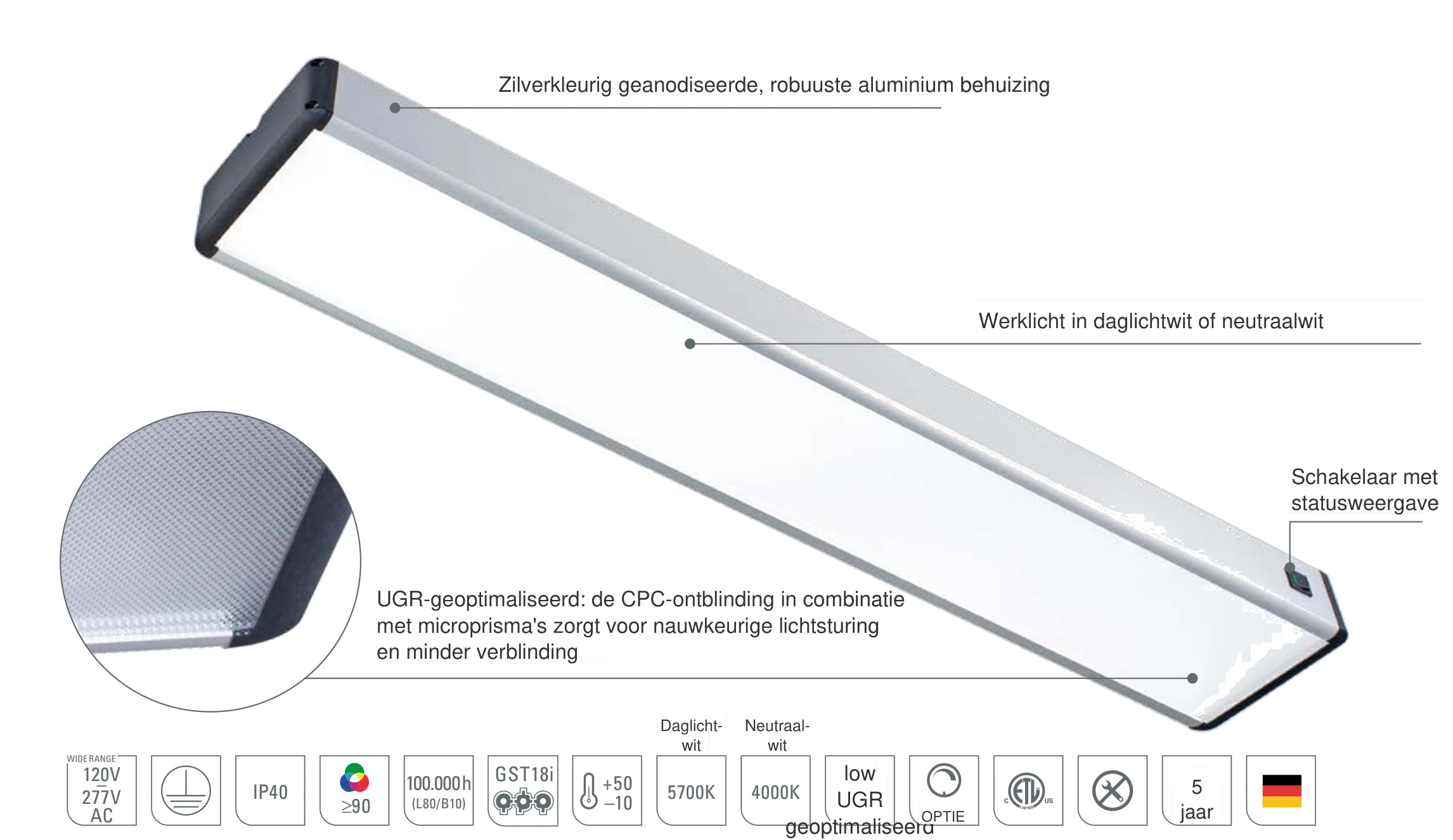 SYSTEMLED EVO: zilverkleurig geanodiseerde aluminium behuizing, werklicht in daglichtwit of neutraalwit, schakelaar met statusweergave en UGR-geoptimaliseerde CPC-ontblinding
