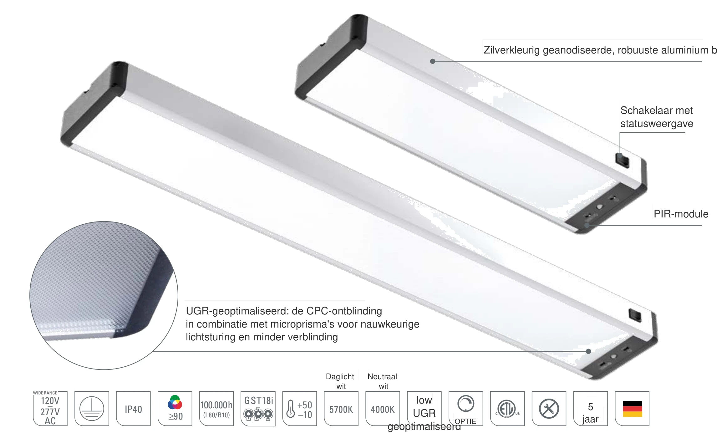SYSTEMLED EVO PIR: zilverkleurig geanodiseerde aluminium behuizing, schakelaar met statusweergave, PIR-module voor automatische lichtschakeling en UGR-geoptimaliseerde CPC-ontblinding