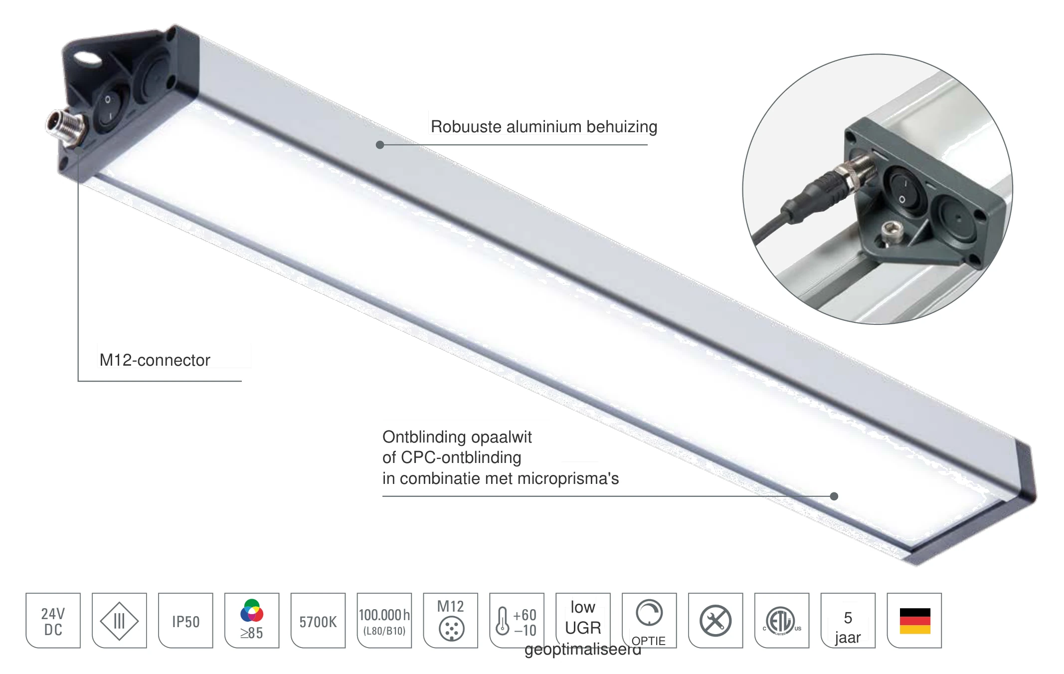 UNILED SL DC: opbouw van de LED-systeemarmatuur met robuuste aluminium behuizing, M12-connector en ontblinding opaalwit of met microprisma's