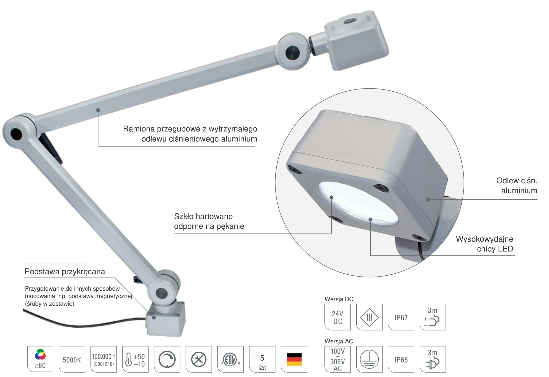 CENALED SPOT z ramieniem przegubowym: budowa z odlewem ciśnieniowym aluminium, szkłem bezpiecznym i wysokowydajnymi chipami LED