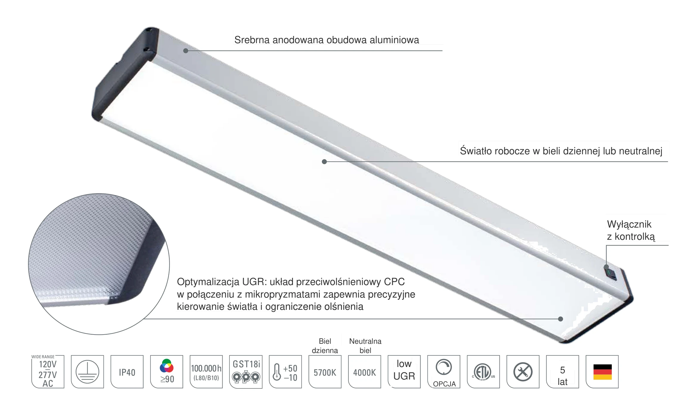 SYSTEMLED EVO: srebrna anodowana obudowa aluminiowa, światło robocze w bieli dziennej lub neutralnej, wyłącznik ze wskaźnikiem stanu i układ przeciwolśnieniowy CPC z optymalizacją UGR