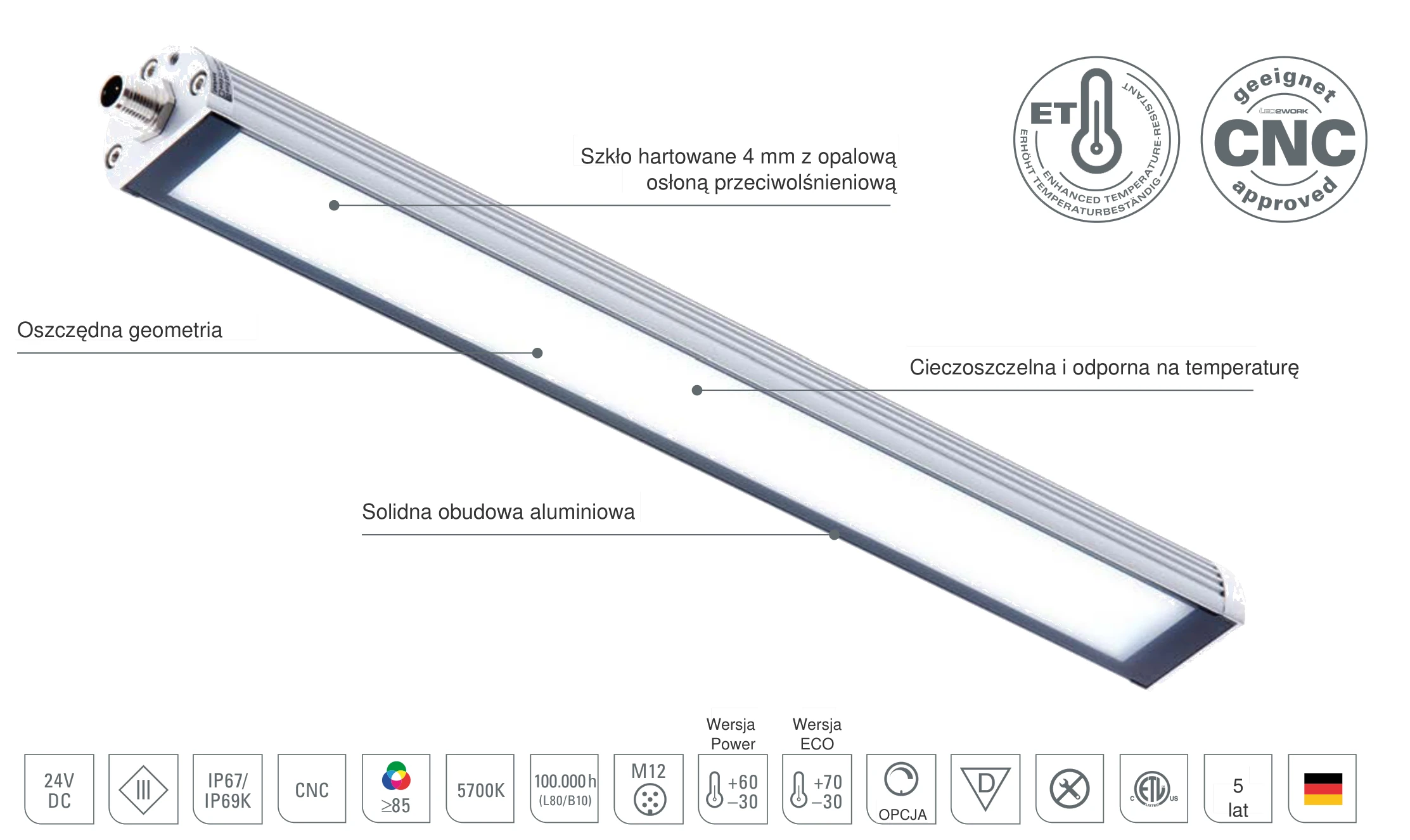 TUBELED_40 II: budowa lampy maszynowej LED z solidną obudową aluminiową, szkłem hartowanym 4 mm z opalową osłoną przeciwolśnieniową, szczelna dla cieczy i odporna na temperaturę