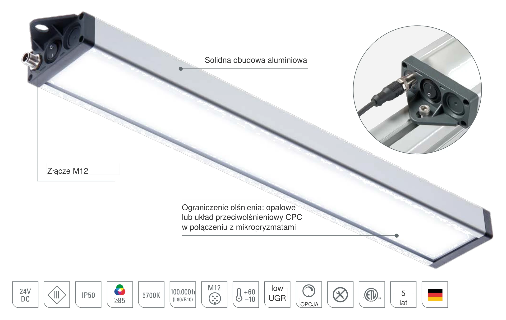 UNILED SL DC: budowa oprawy systemowej LED z solidną obudową aluminiową, złączem M12 i opalową osłoną przeciwolśnieniową lub mikropryzmatami