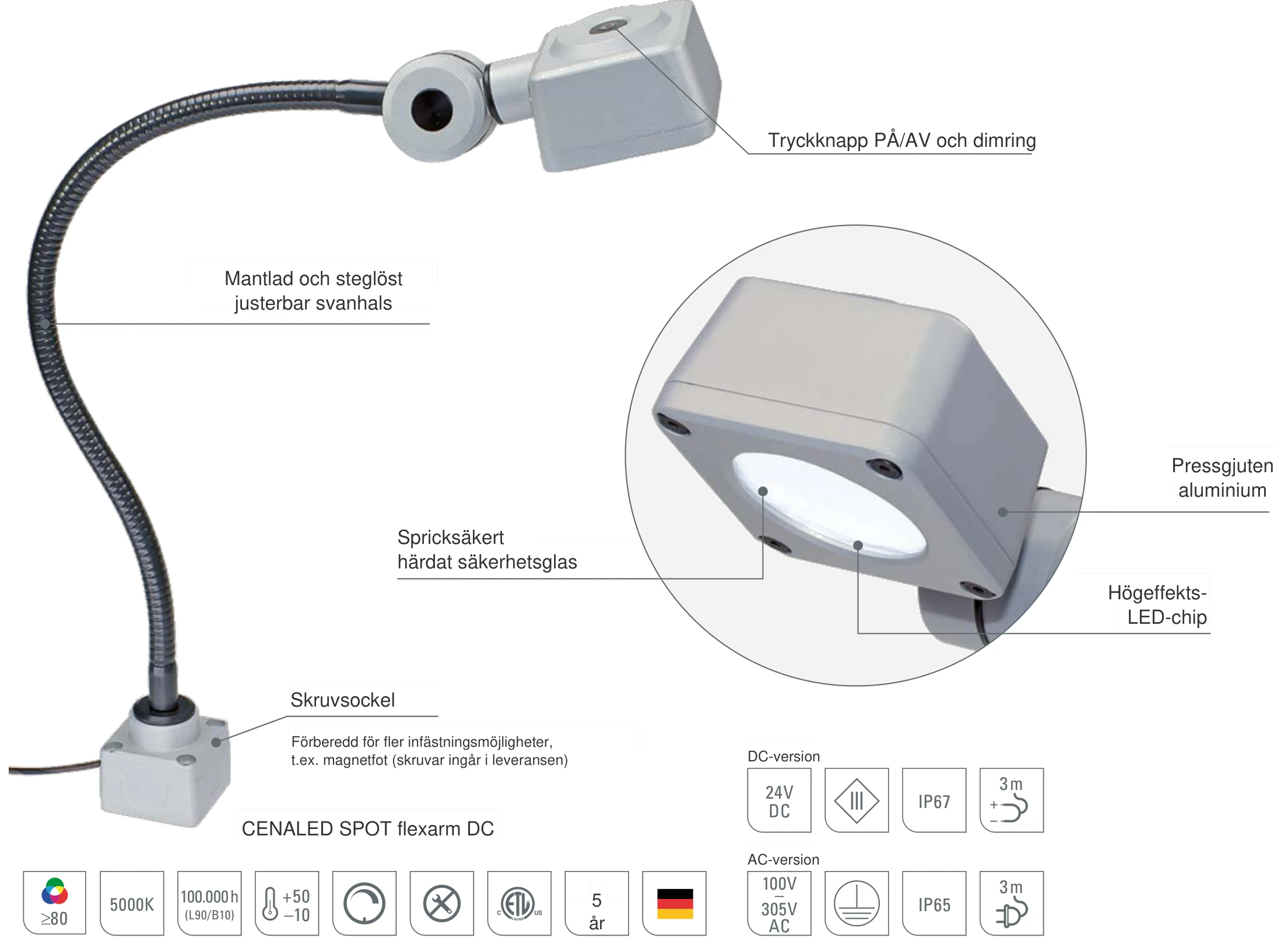 CENALED SPOT flexarm: uppbyggnad med svanhals, tryckknapp för PÅ/AV och dimring, säkerhetsglas och högeffekts-LED-chip