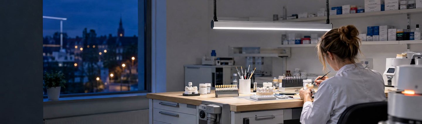 Dentallabor am Abend: der Arbeitsplatz einer Zahntechnikerin, beleuchtet von einer LED2WORK PROFILED Zugpendelleuchte