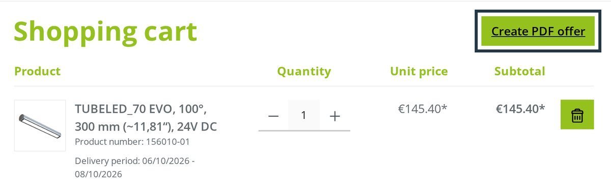 At the top right of the cart: the “Create PDF offer” button.