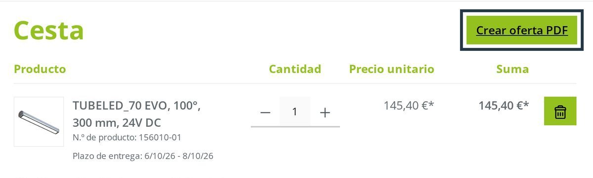 Arriba a la derecha en el carrito: el botón «Crear oferta PDF».
