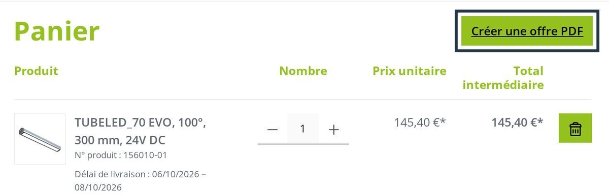 En haut à droite du panier : le bouton « Créer une offre PDF ».