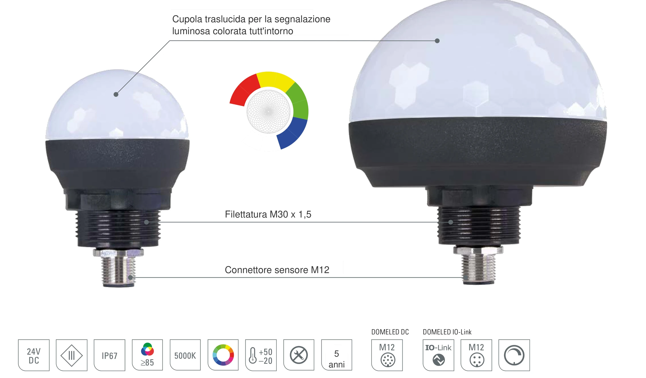 DOMELED: struttura della lampada di segnalazione LED con cupola traslucida per la segnalazione luminosa colorata tutt'intorno, filettatura M30 x 1,5 e connettore sensore M12