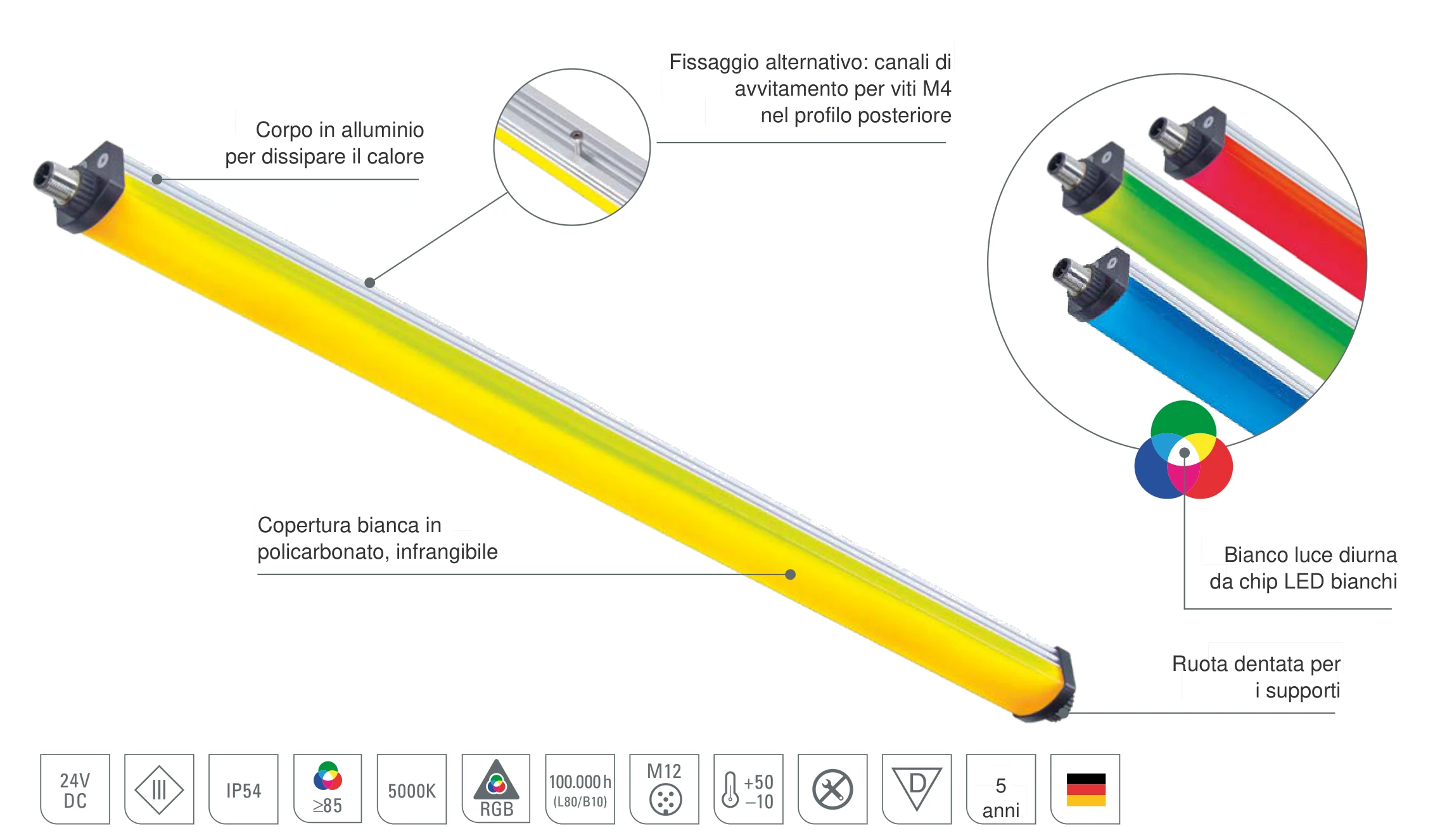 SIGNALED II RGB-W: struttura della lampada di segnalazione LED con LED RGB e chip LED bianchi per il bianco luce diurna, copertura in policarbonato infrangibile e corpo in alluminio per dissipare il calore