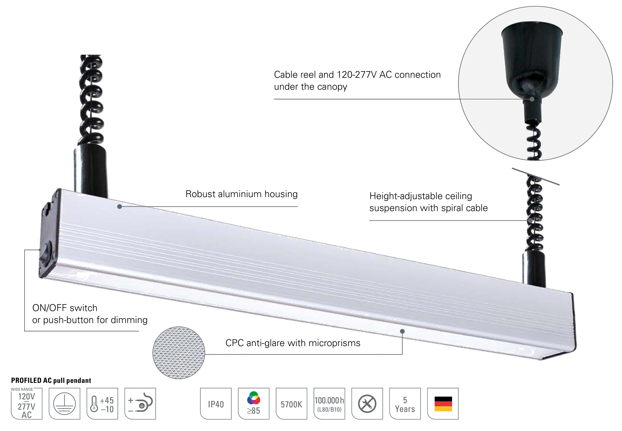 PROFILED AC pull pendant: design with height-adjustable ceiling suspension with spiral cable, cable reel under the canopy and CPC anti-glare with microprisms