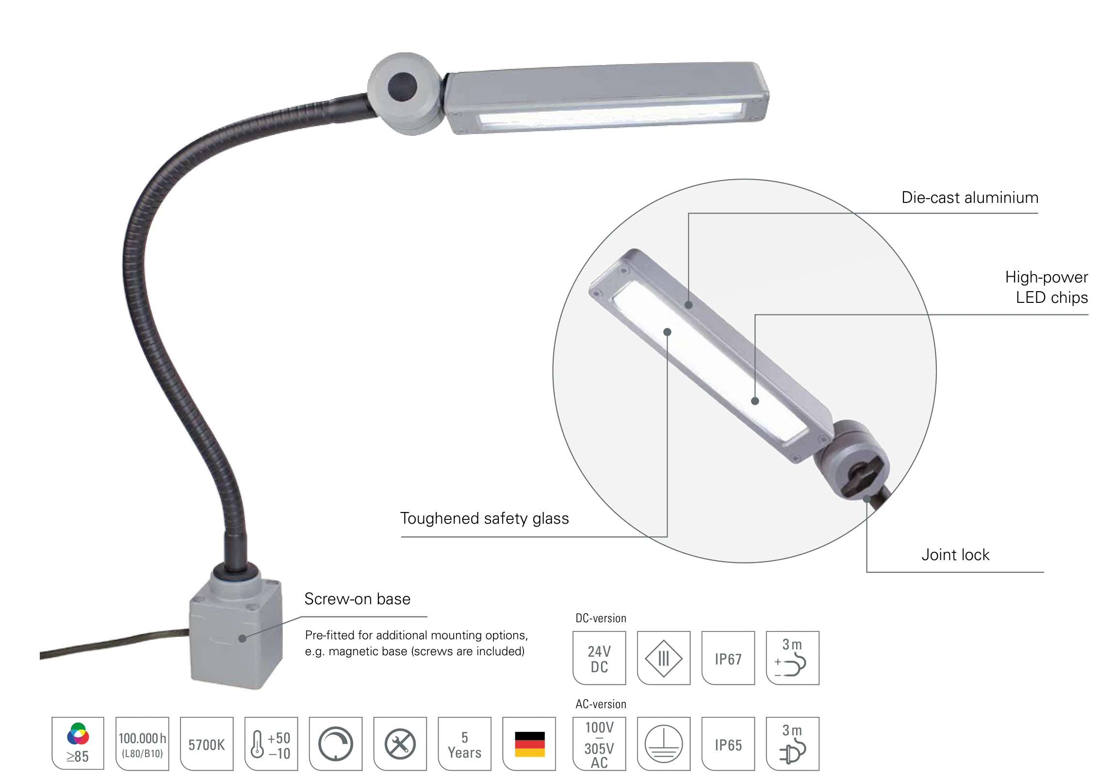 CENALED FLOOD flexible arm: design with die-cast aluminium, safety glass, joint lock and screw-on base