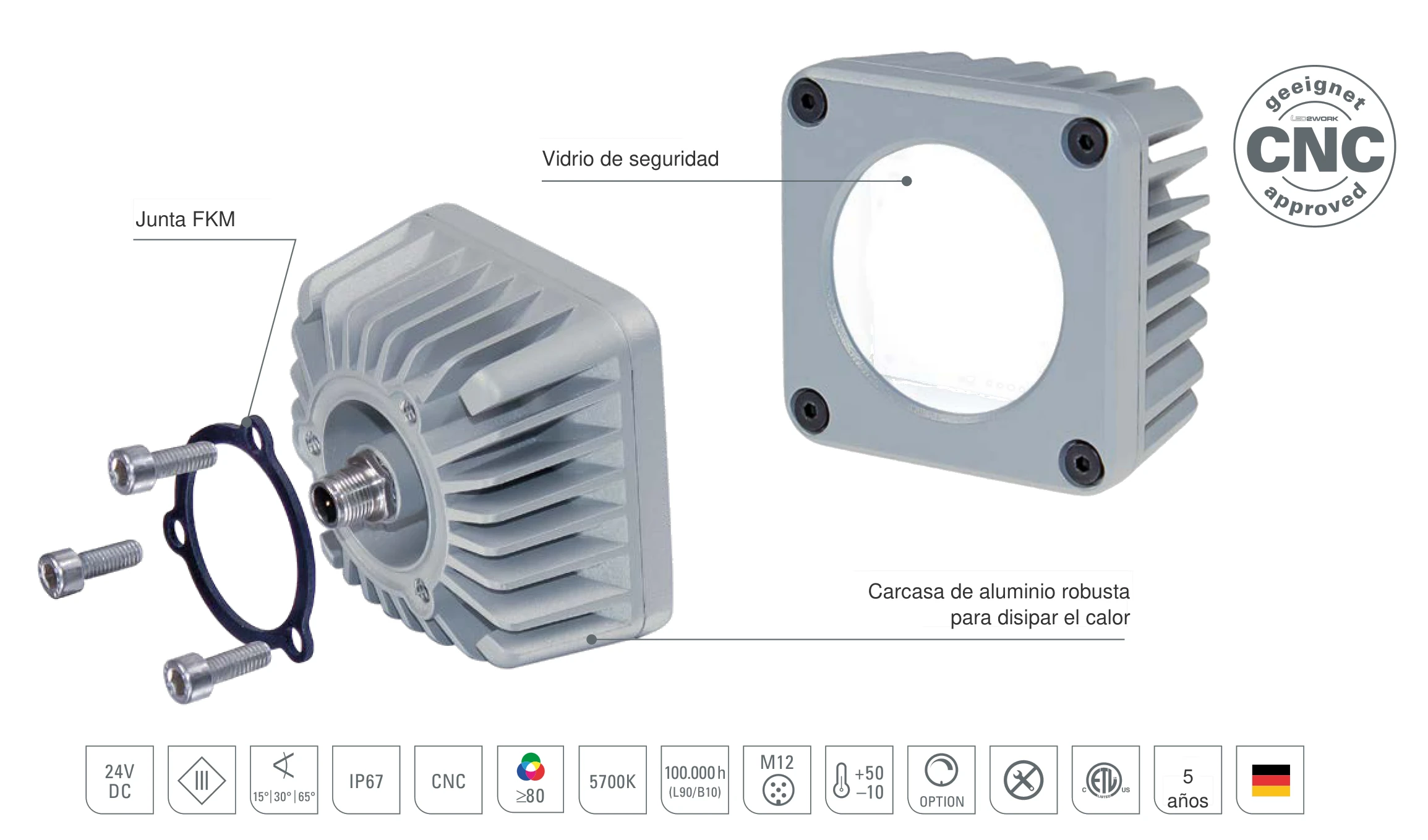 CENALED SPOT de montaje superficial: diseño con carcasa de aluminio robusta para disipar el calor, junta FKM y vidrio de seguridad