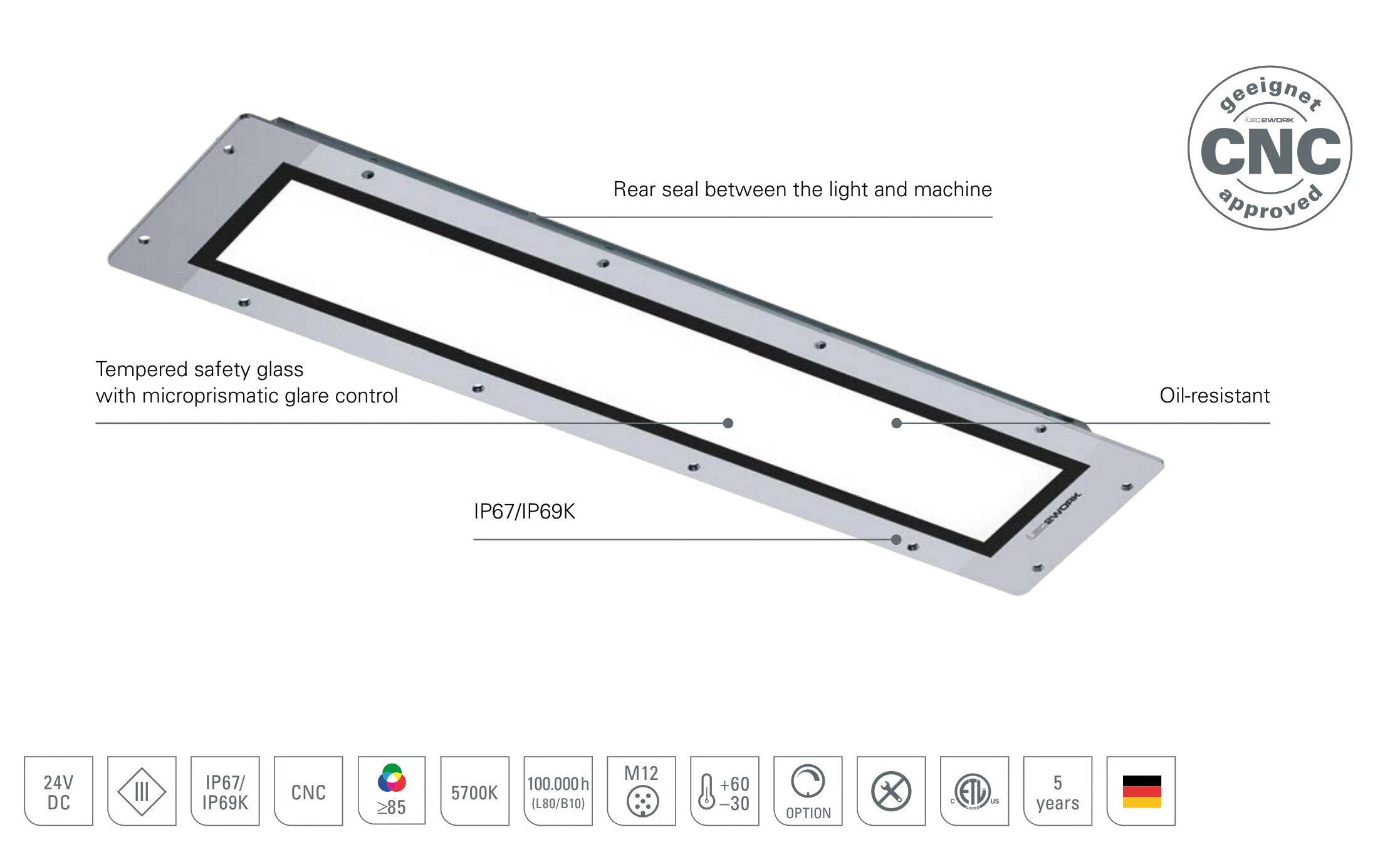 FIELDLED EVO recessed: design with rear seal between light and machine, tempered safety glass with microprismatic glare control, oil-resistant