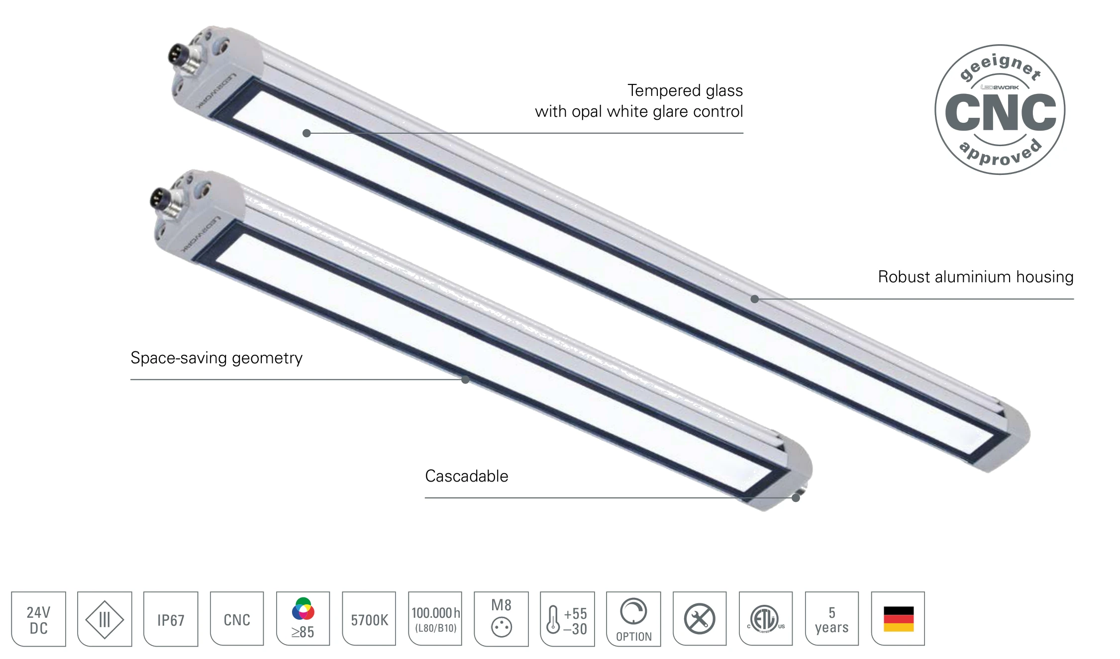 TUBELED_25: design of the slim LED machine light with tempered safety glass, opal white glare control, robust aluminium housing and cascadable connection