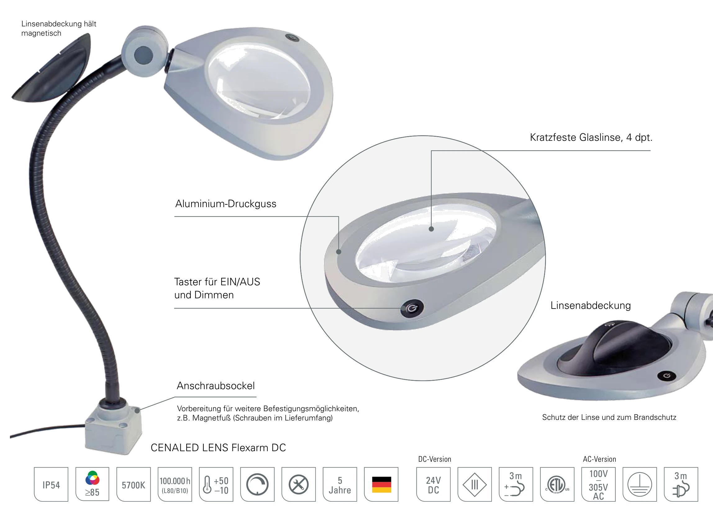 CENALED LENS Flexarm: Aufbau mit kratzfester Glaslinse, magnetischer Linsenabdeckung und Anschraubsockel