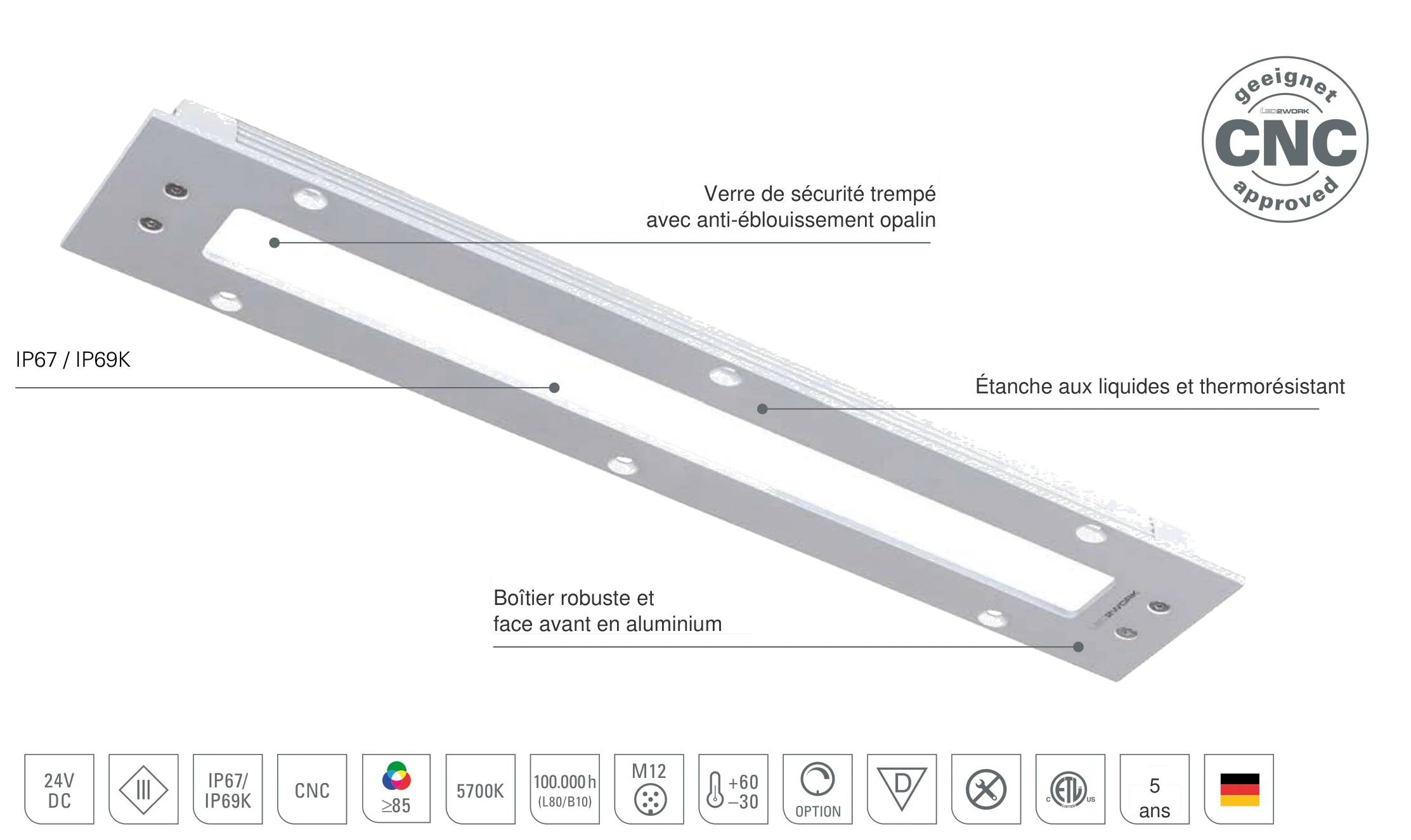 TUBELED_40 II Integrated : conception du luminaire LED encastré avec boîtier robuste et face avant en aluminium, verre de sécurité trempé à anti-éblouissement opalin, IP67 / IP69K