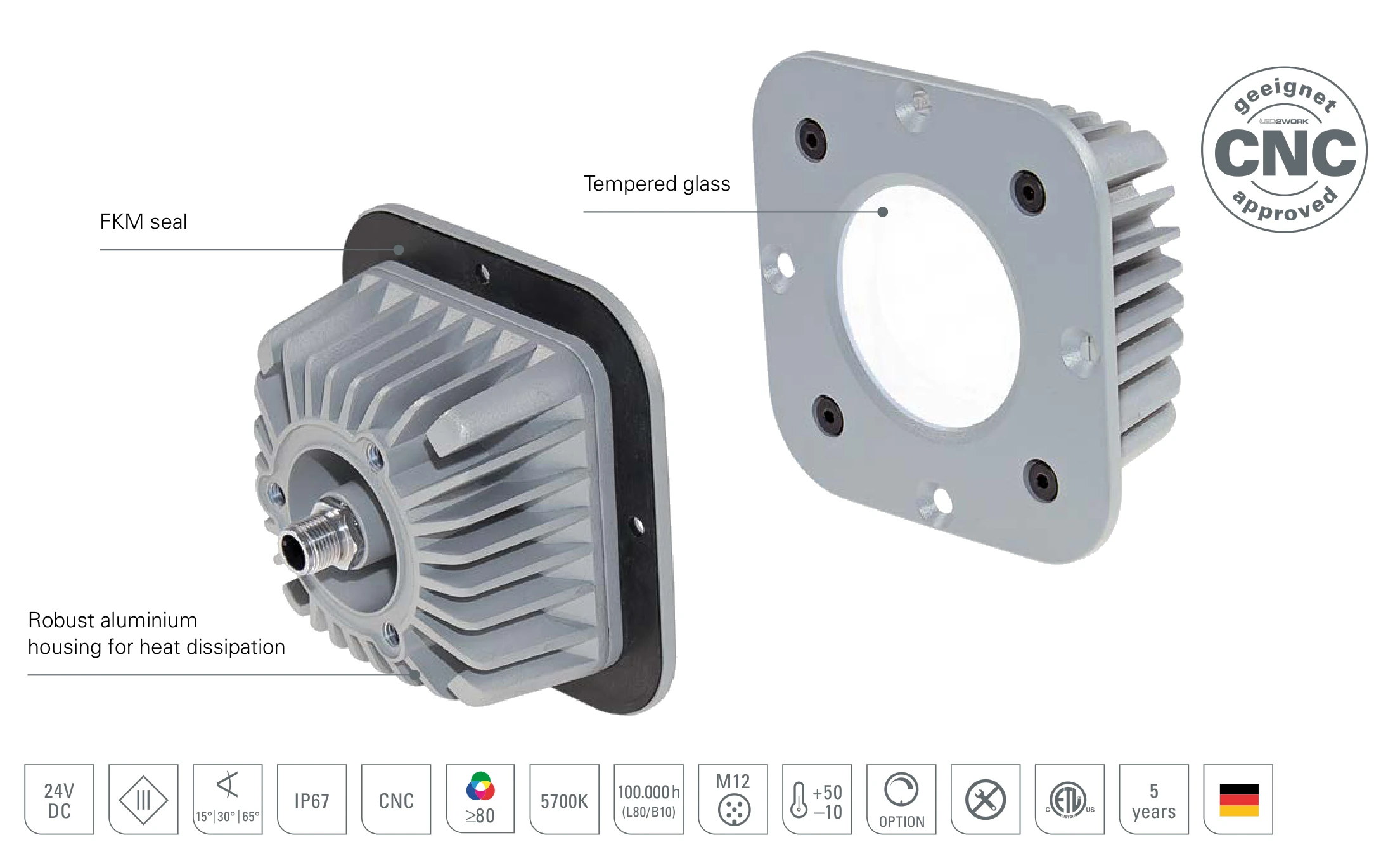 CENALED SPOT recessed: design with mounting frame, robust aluminium housing for heat dissipation, FKM seal and tempered glass