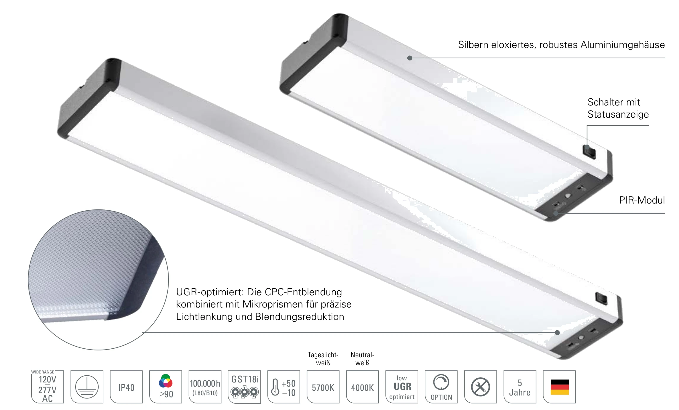 SYSTEMLED EVO PIR: silbern eloxiertes Aluminiumgehäuse, Schalter mit Statusanzeige, PIR-Modul für automatische Lichtschaltung und UGR-optimierte CPC-Entblendung