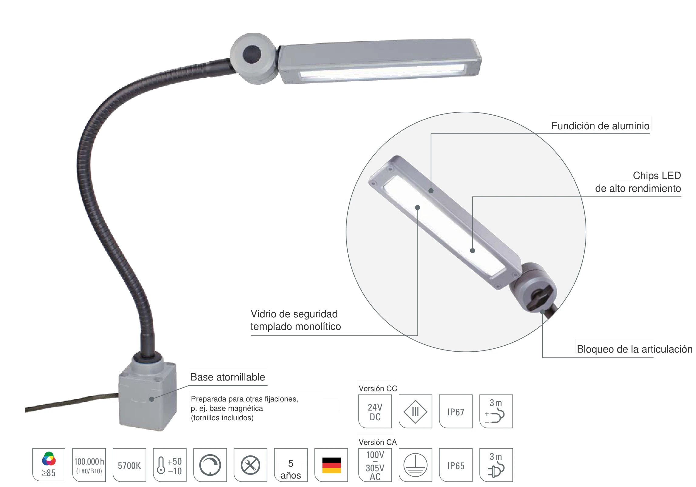 CENALED FLOOD brazo flexible: diseño en aluminio fundido, vidrio de seguridad, bloqueo de articulación y base atornillable