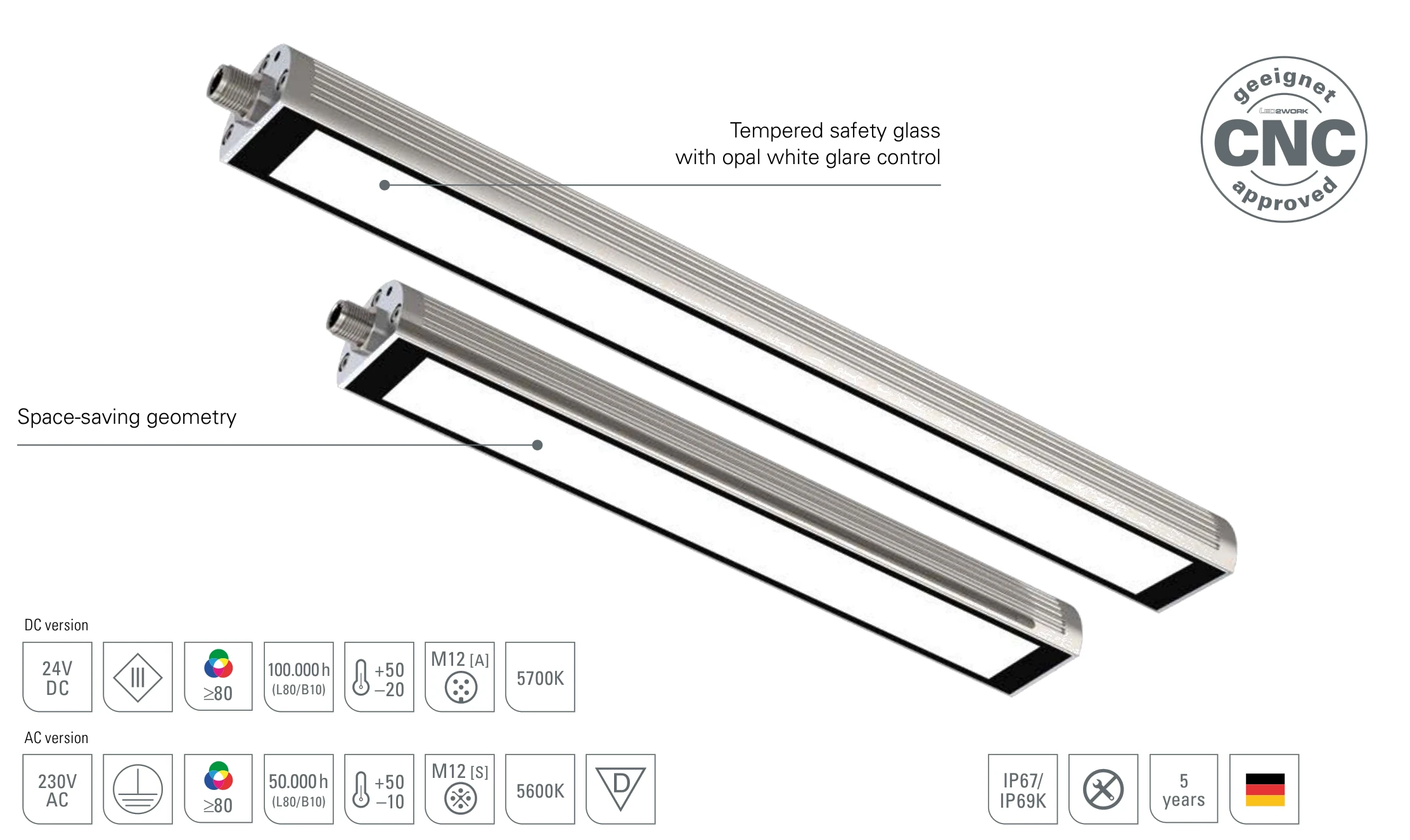 TUBELED_40 II Basic-Line: design of the LED machine light in DC and AC version with space-saving geometry and 4 mm tempered safety glass with opal white glare control