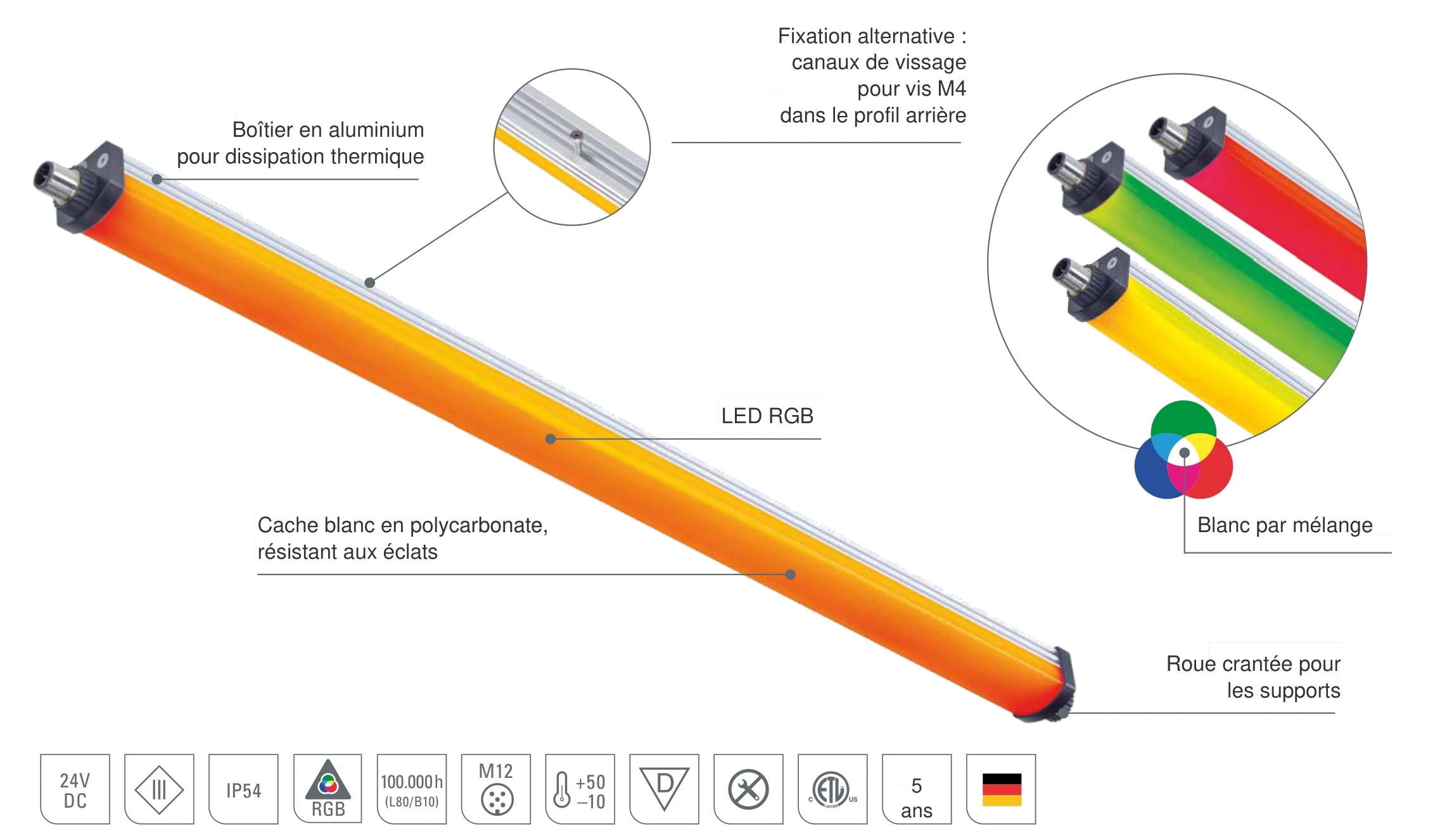 SIGNALED II RGB : conception de la lampe de signalisation LED avec LED RGB, cache blanc en polycarbonate résistant aux éclats, boîtier en aluminium pour dissipation thermique et roue crantée pour les supports