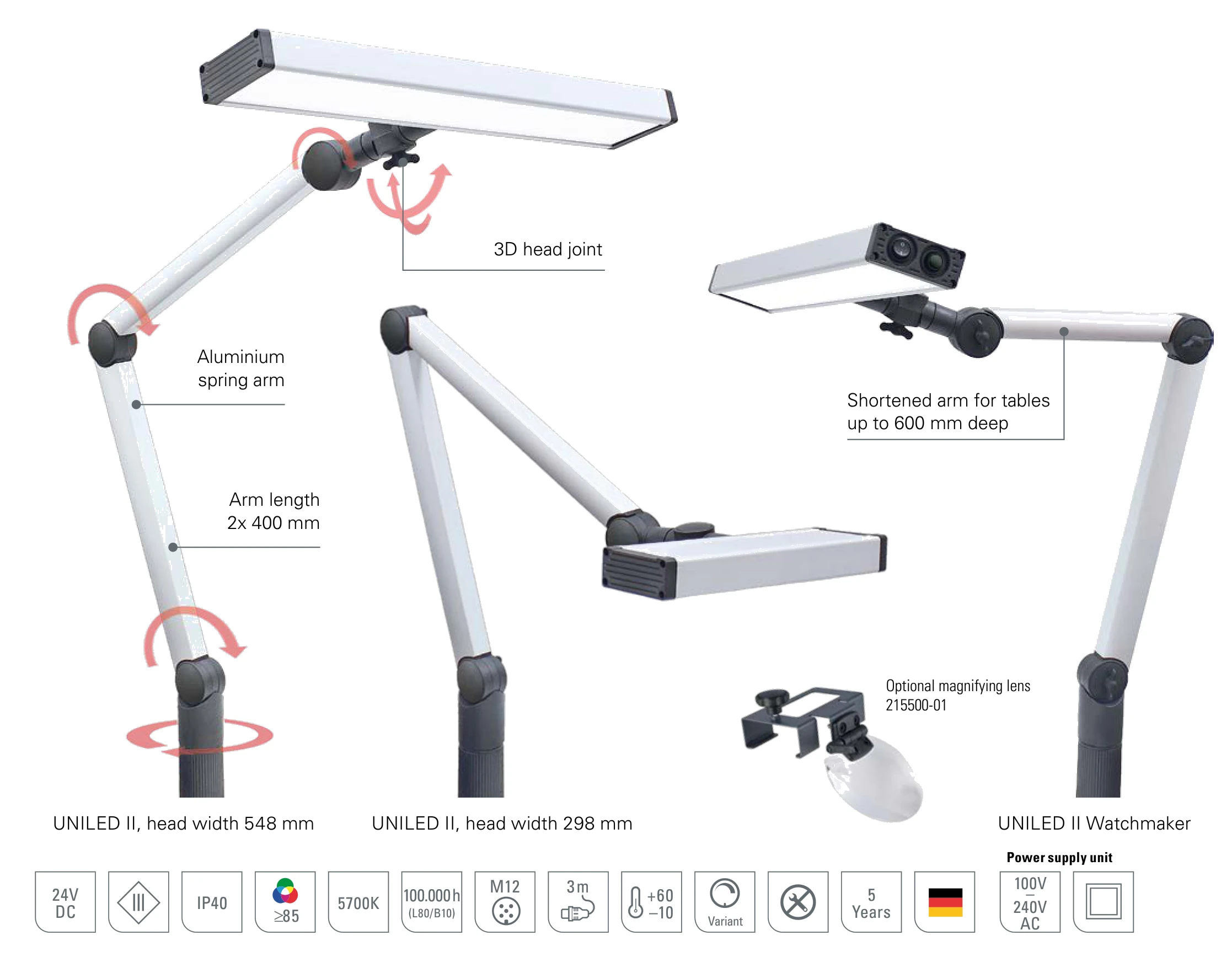 UNILED II articulated arm luminaire: design with 3D head joint, aluminium spring arm 2x 400 mm, head widths 298 and 548 mm and Watchmaker version