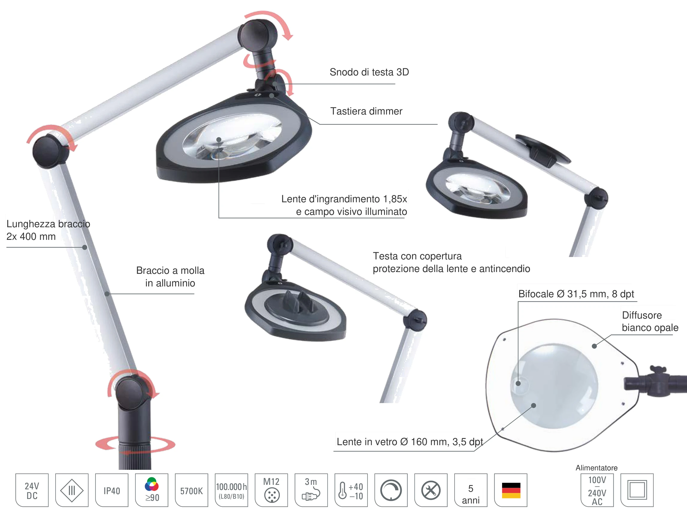 LENSLED II lampada con lente d'ingrandimento e braccio articolato: struttura con lente in vetro Ø 160 mm, lente bifocale, snodo di testa 3D e braccio a molla in alluminio
