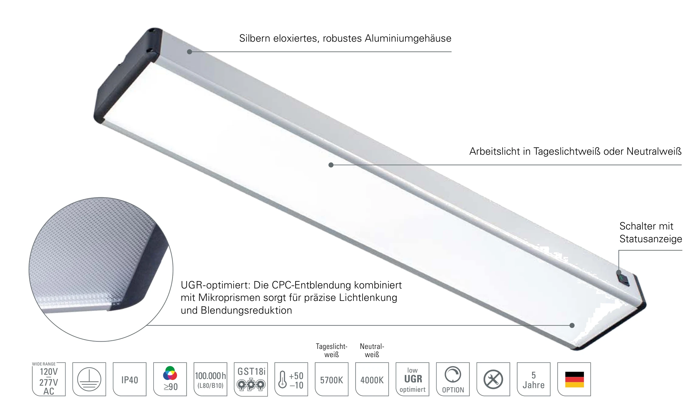 SYSTEMLED EVO: silbern eloxiertes Aluminiumgehäuse, Arbeitslicht in Tageslichtweiß oder Neutralweiß, Schalter mit Statusanzeige und UGR-optimierte CPC-Entblendung