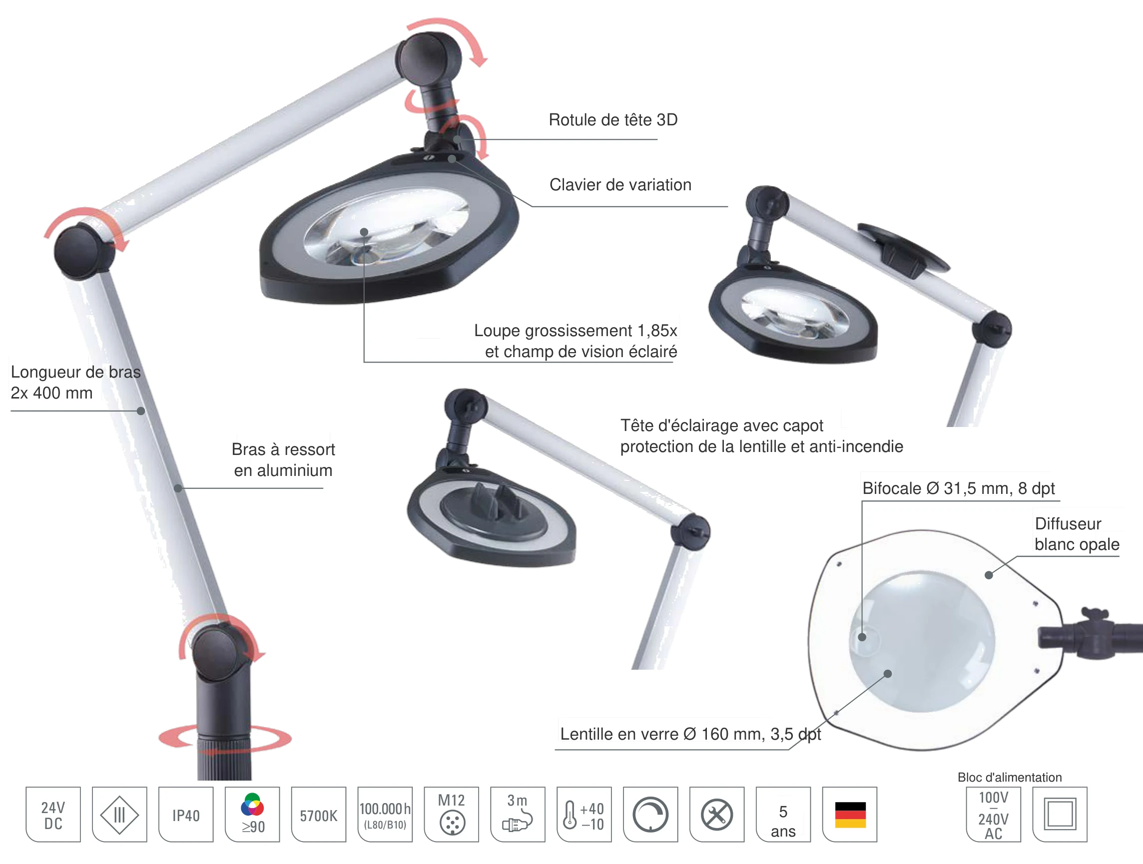LENSLED II lampe-loupe à bras articulé : conception avec lentille en verre Ø 160 mm, lentille bifocale, rotule de tête 3D et bras à ressort en aluminium