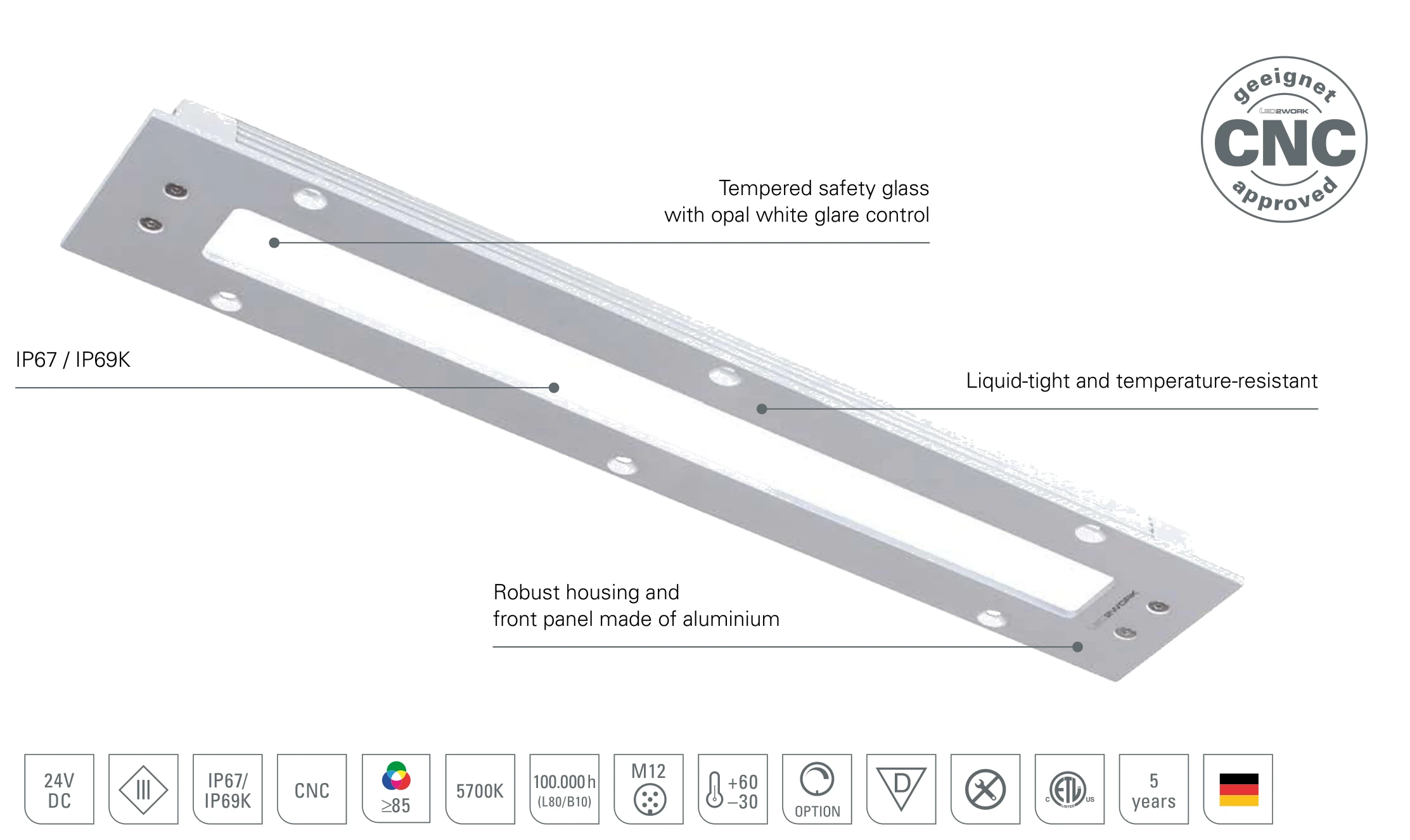 TUBELED_40 II Integrated: design of the LED recessed light with robust housing and aluminium front panel, tempered safety glass with opal white glare control, IP67 / IP69K