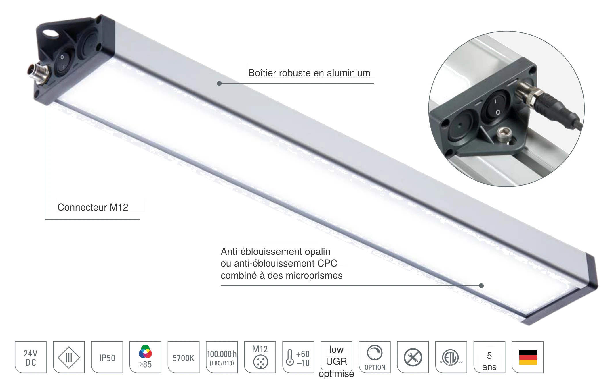 UNILED SL DC : conception de la réglette LED avec boîtier robuste en aluminium, connecteur M12 et anti-éblouissement opalin ou à microprismes