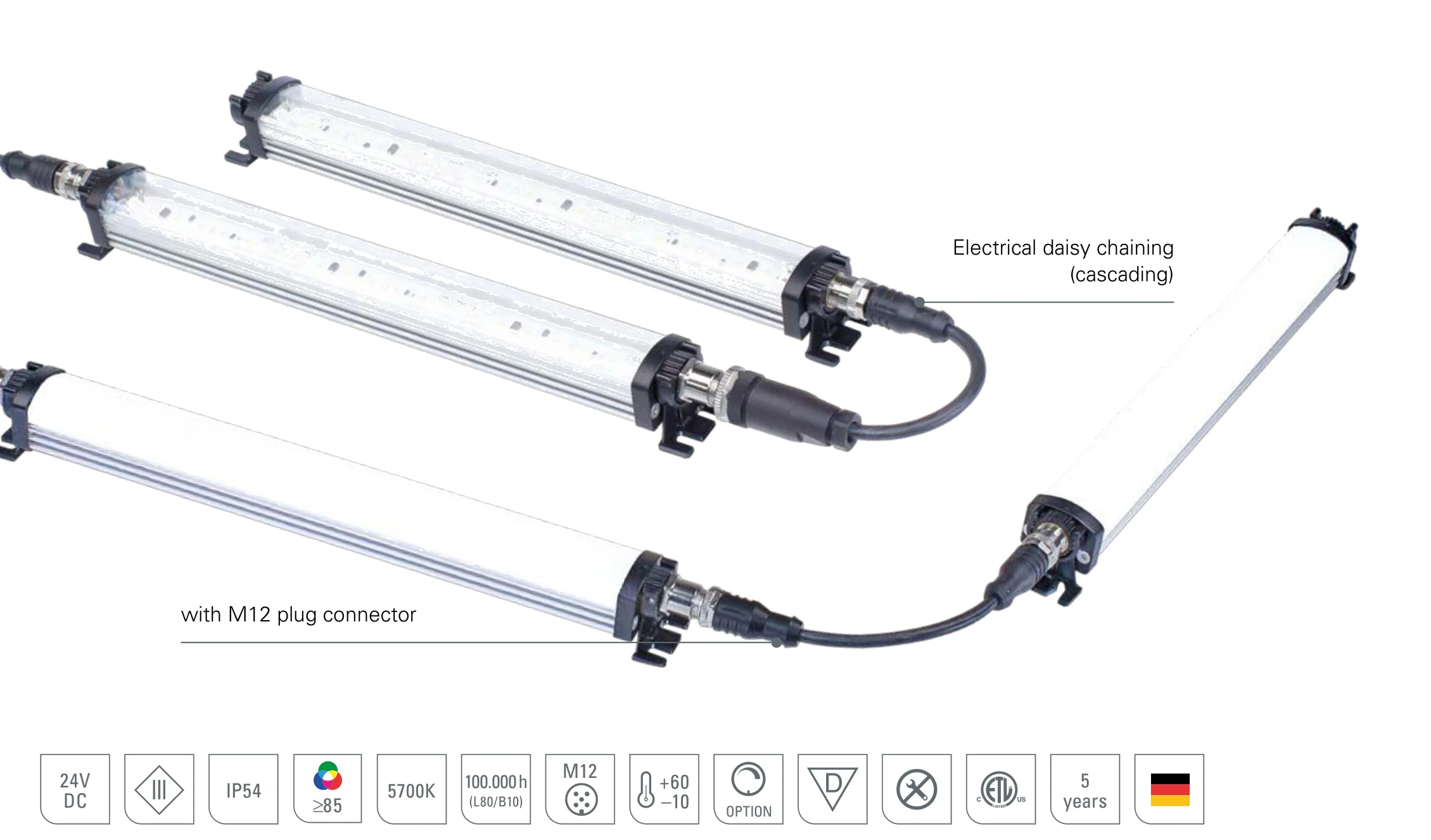 LEANLED II: electrical linking (cascading) of several luminaires via M12 connection – power supply for several LEANLED II with a single supply line