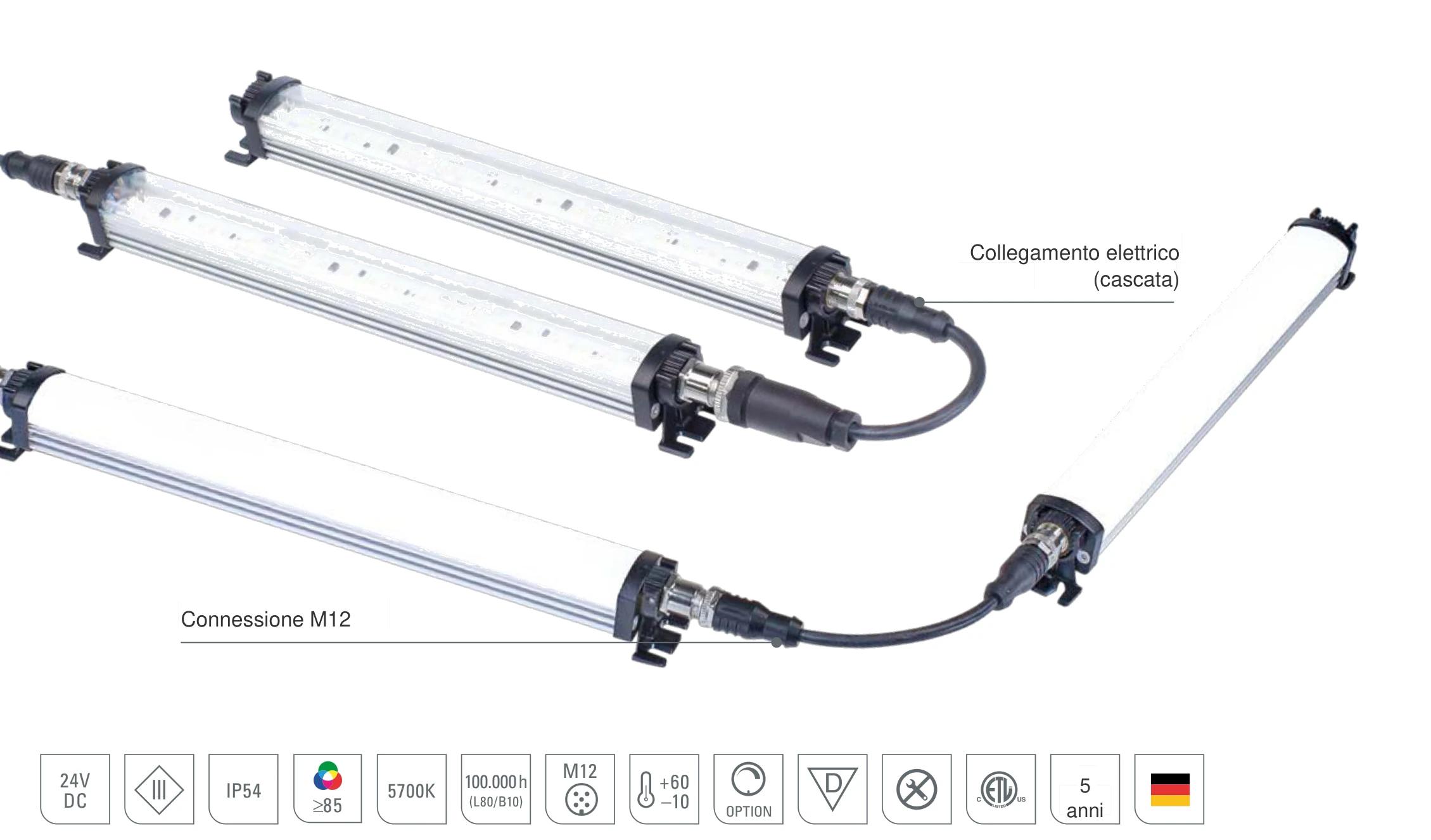 LEANLED II: collegamento elettrico in serie (cascata) di più lampade tramite connessione M12 – alimentazione di più LEANLED II con un unico cavo