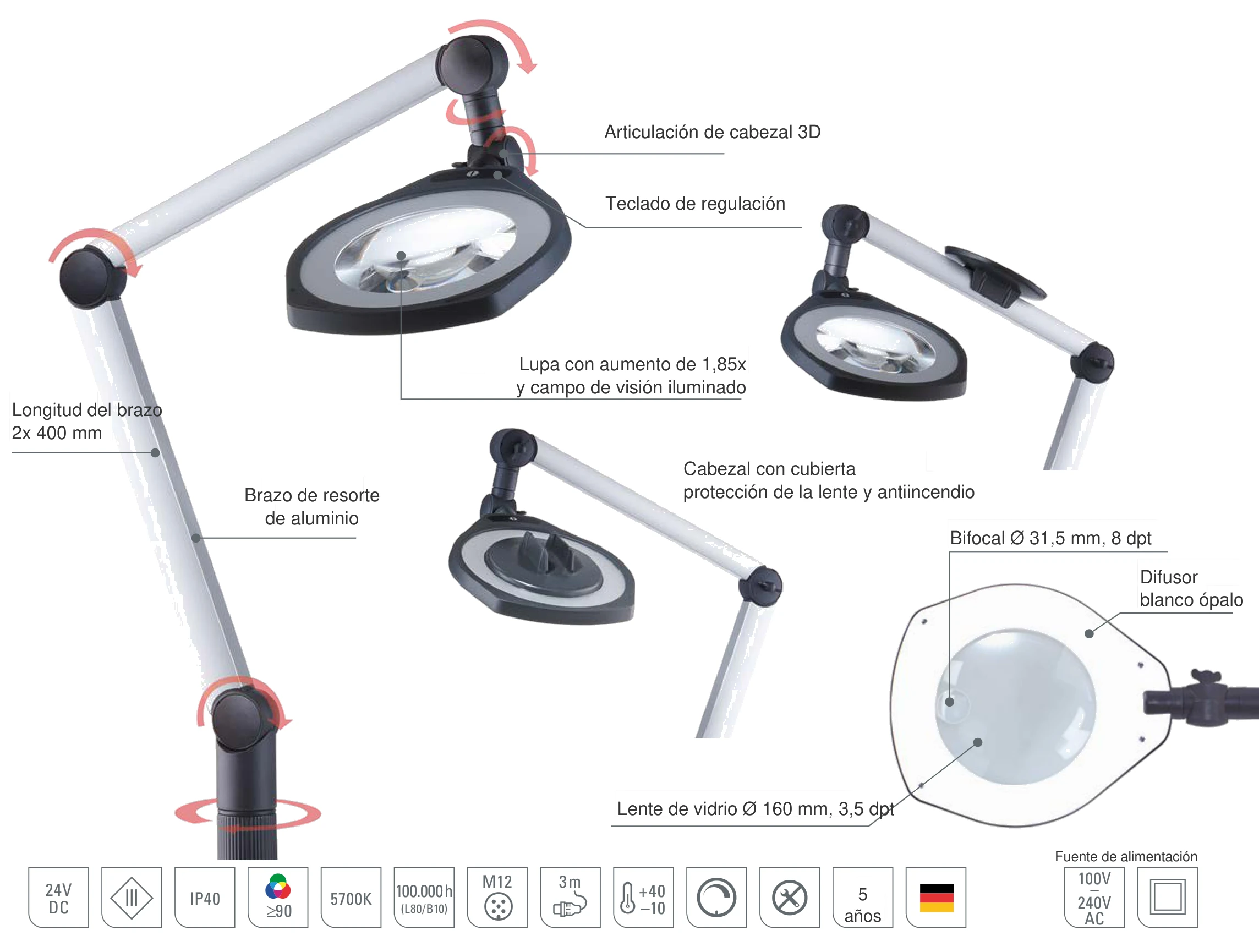 LENSLED II lámpara lupa con brazo articulado: diseño con lente de vidrio Ø 160 mm, lente bifocal, articulación de cabezal 3D y brazo de resorte de aluminio