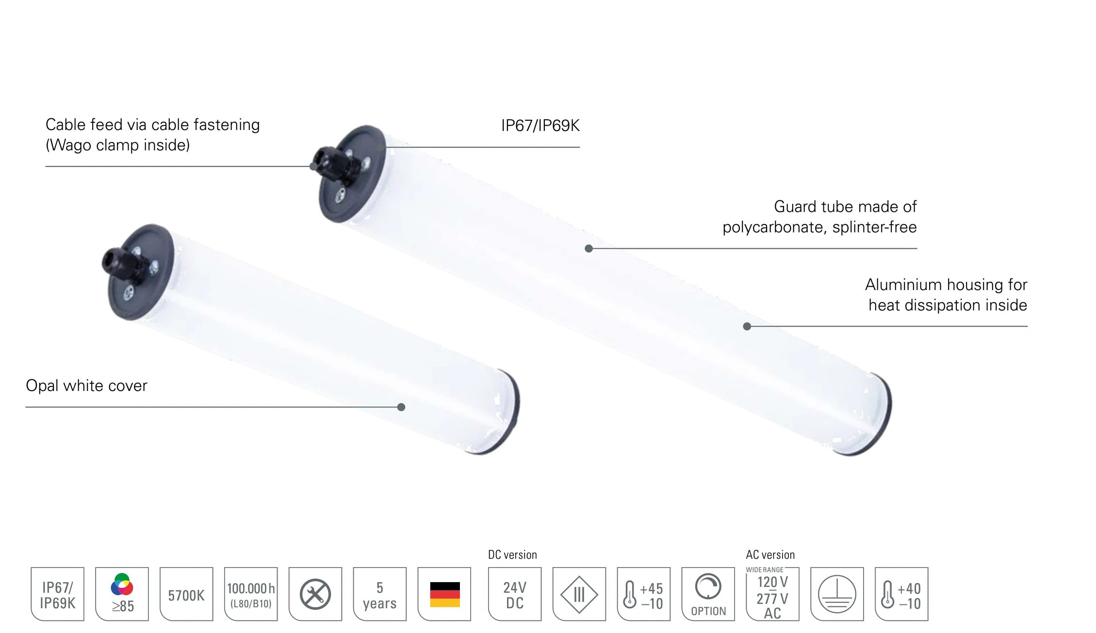 INROLED_70 polycarbonate: design of the LED industrial luminaire with shatterproof polycarbonate protective tube, opal white cover, aluminium profile for heat dissipation and cable gland with WAGO terminal, IP67/IP69K