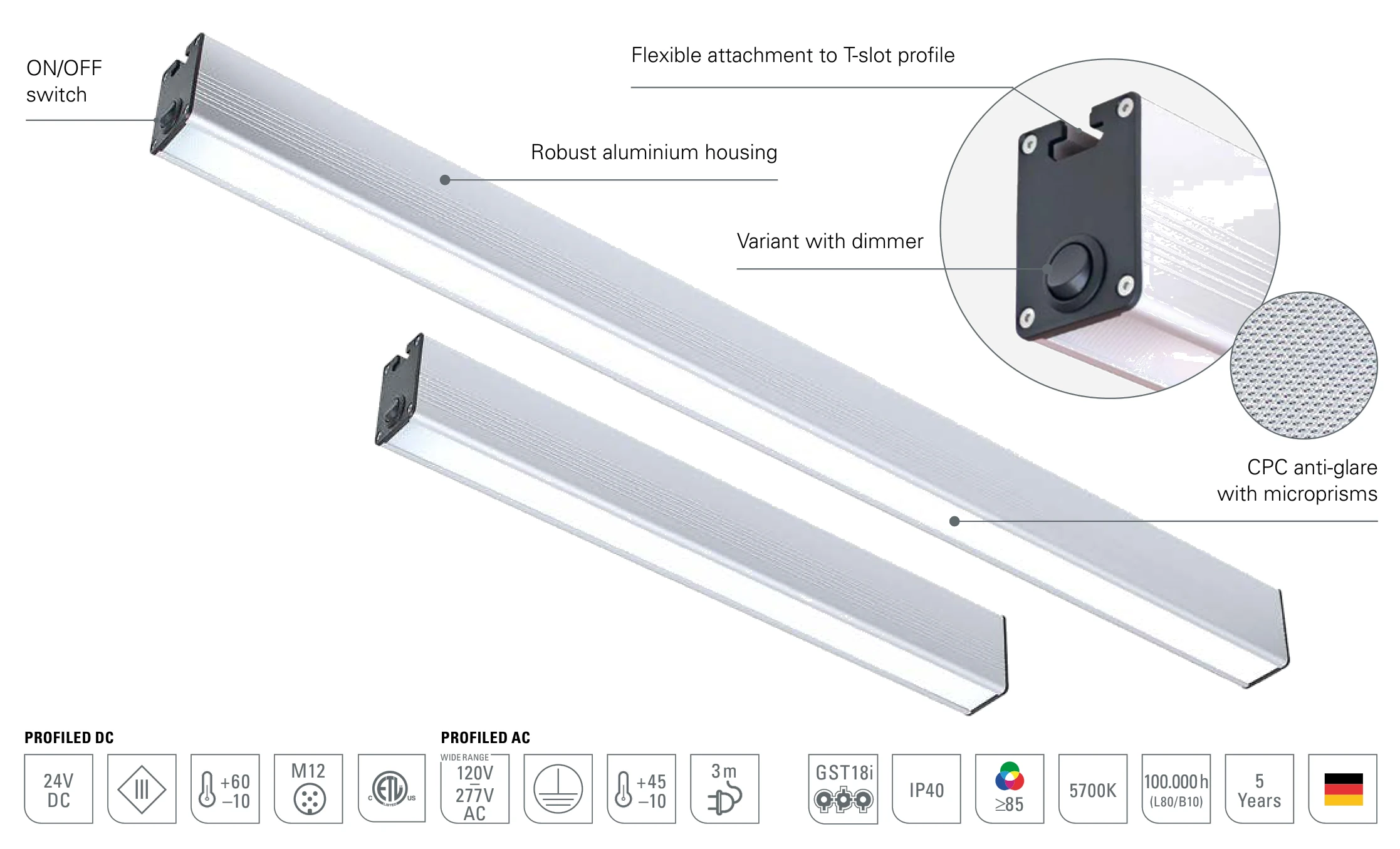 PROFILED DC and AC: design of the LED system light with robust aluminium housing, CPC anti-glare with microprisms and flexible attachment to T-slot profile
