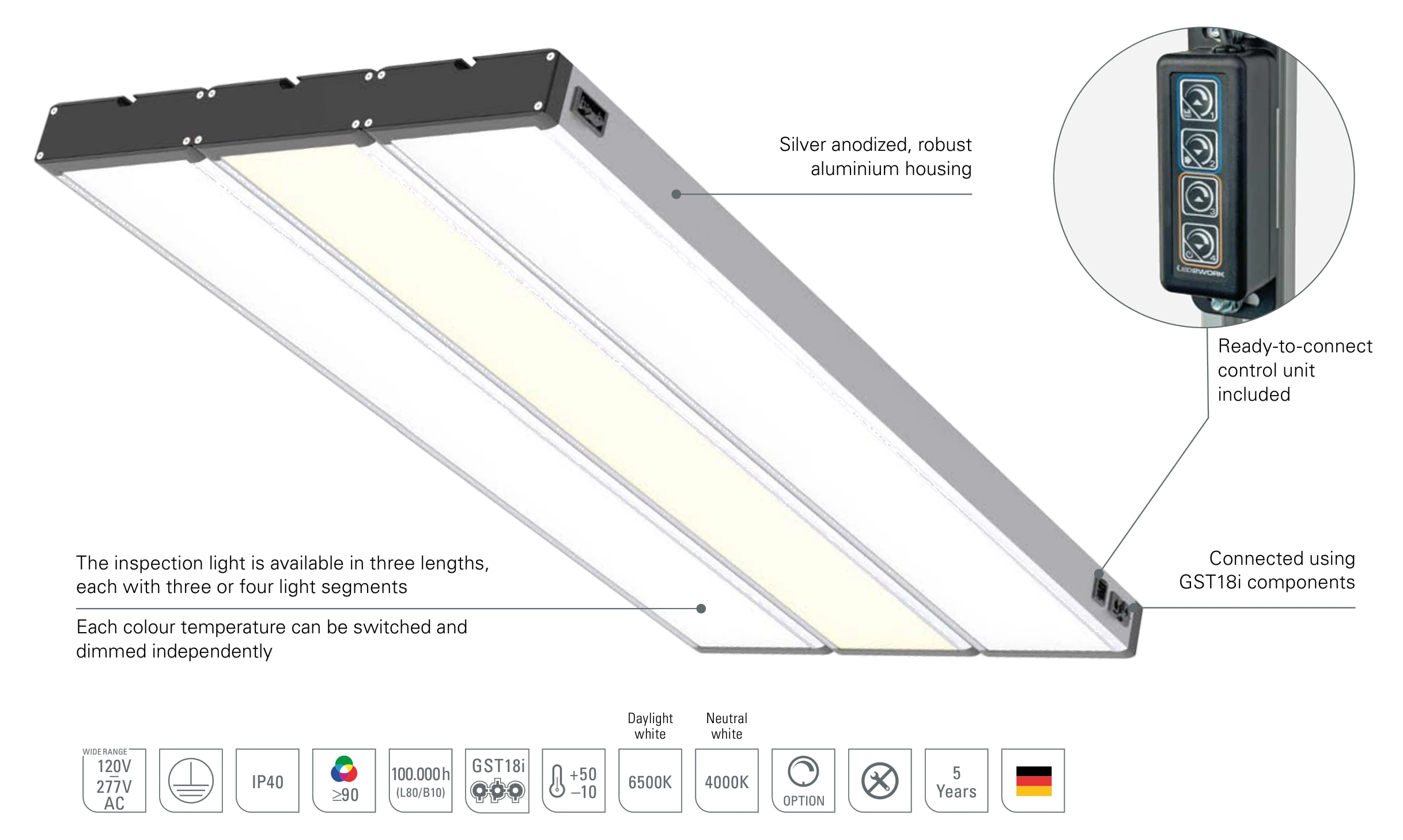 SYSTEMLED SurfaceOne: design of the LED inspection light with independently switchable colour temperatures, anodized aluminium housing and GST18i connection