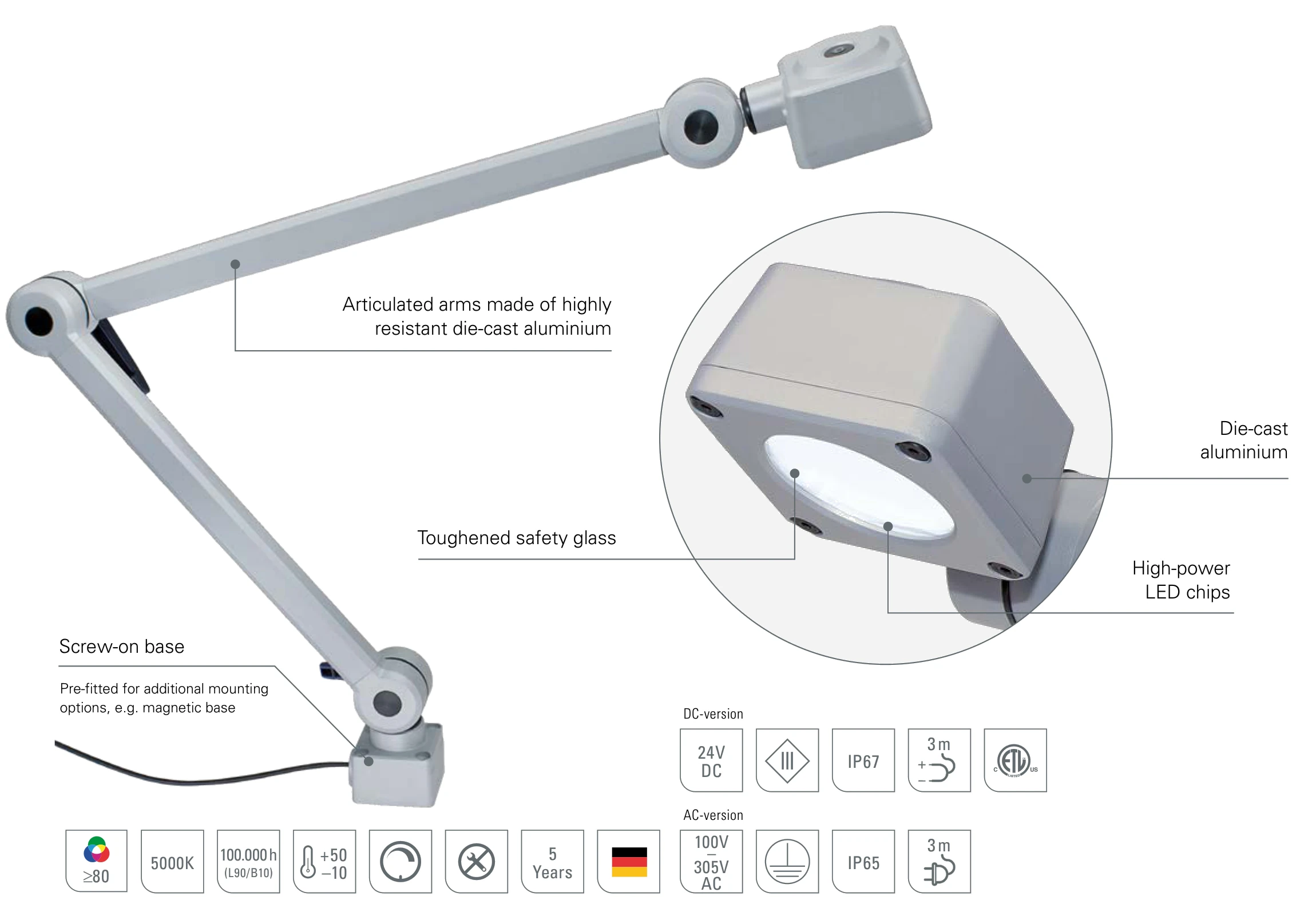 CENALED SPOT articulated arm: design with die-cast aluminium, safety glass and high-power LED chips