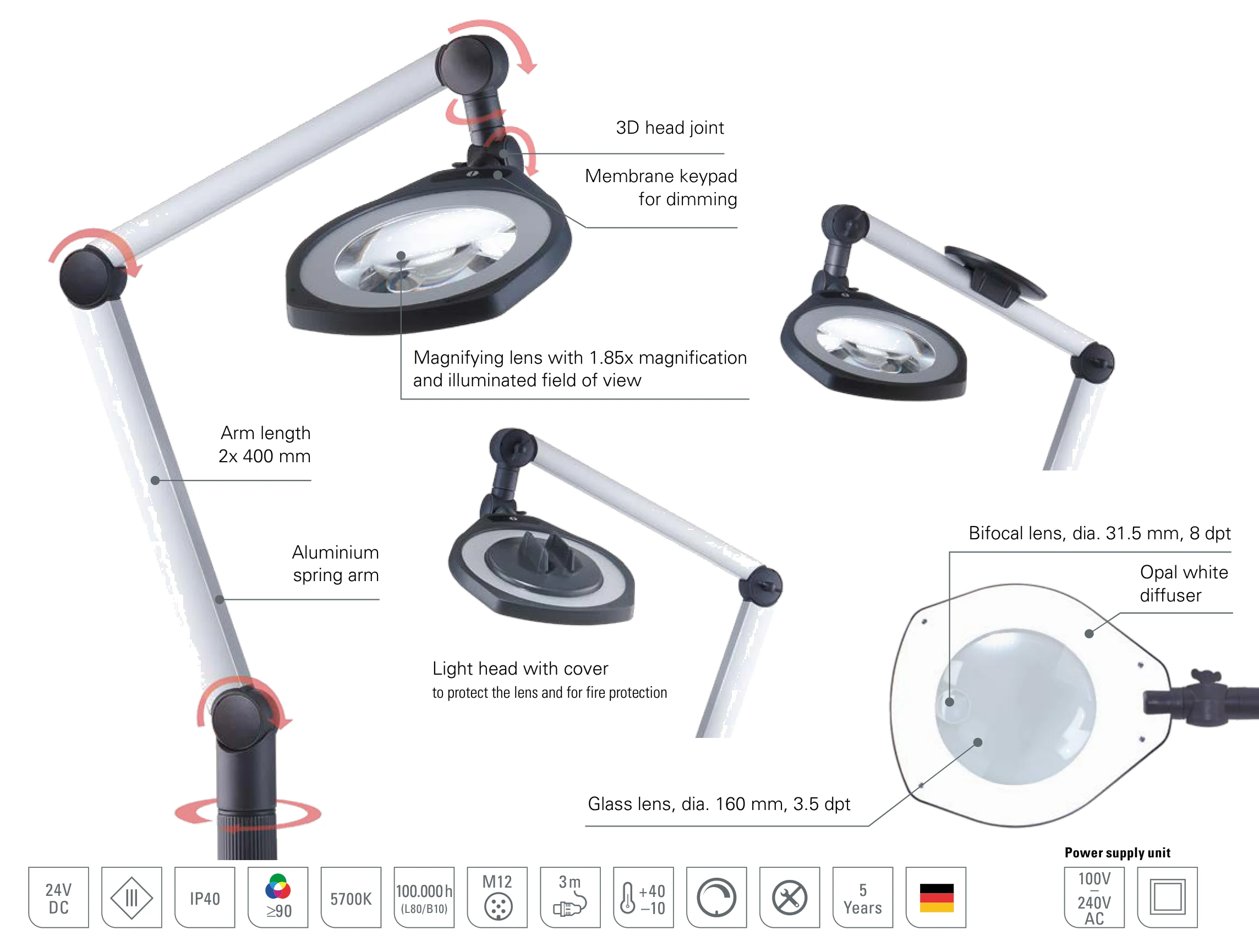 LENSLED II magnifier luminaire with articulated arm: design with 160 mm glass lens, bifocal lens, 3D head joint and aluminium spring arm