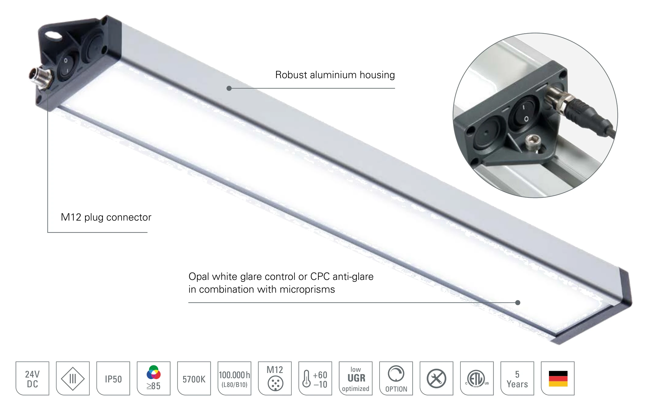 UNILED SL DC: design of the LED system light with robust aluminium housing, M12 plug connector and opal white or microprism glare control