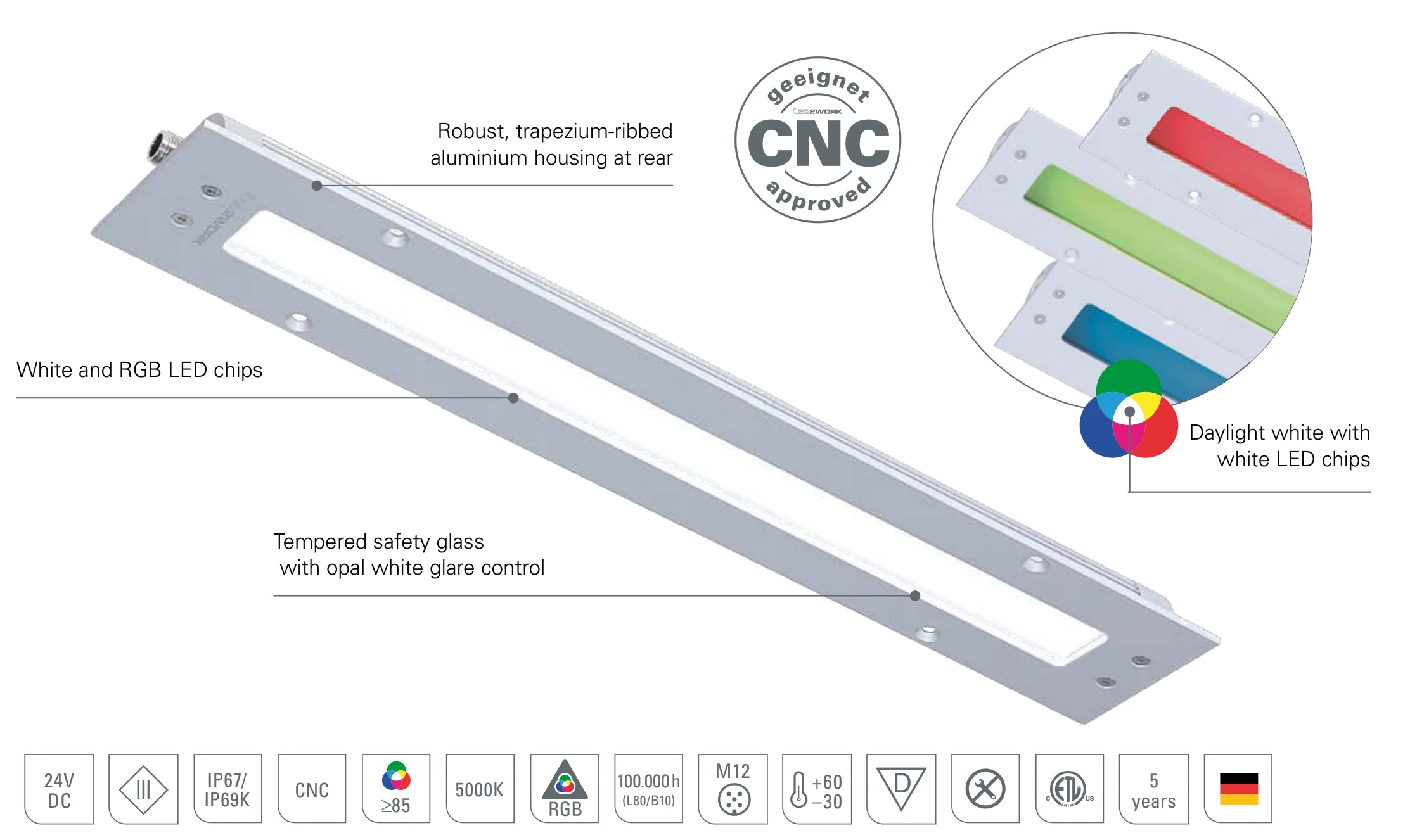TUBELED_40 II Integrated RGB-W: design of the LED recessed light with white and RGB LED chips, safety glass with opal white glare control and trapezium-ribbed aluminium housing